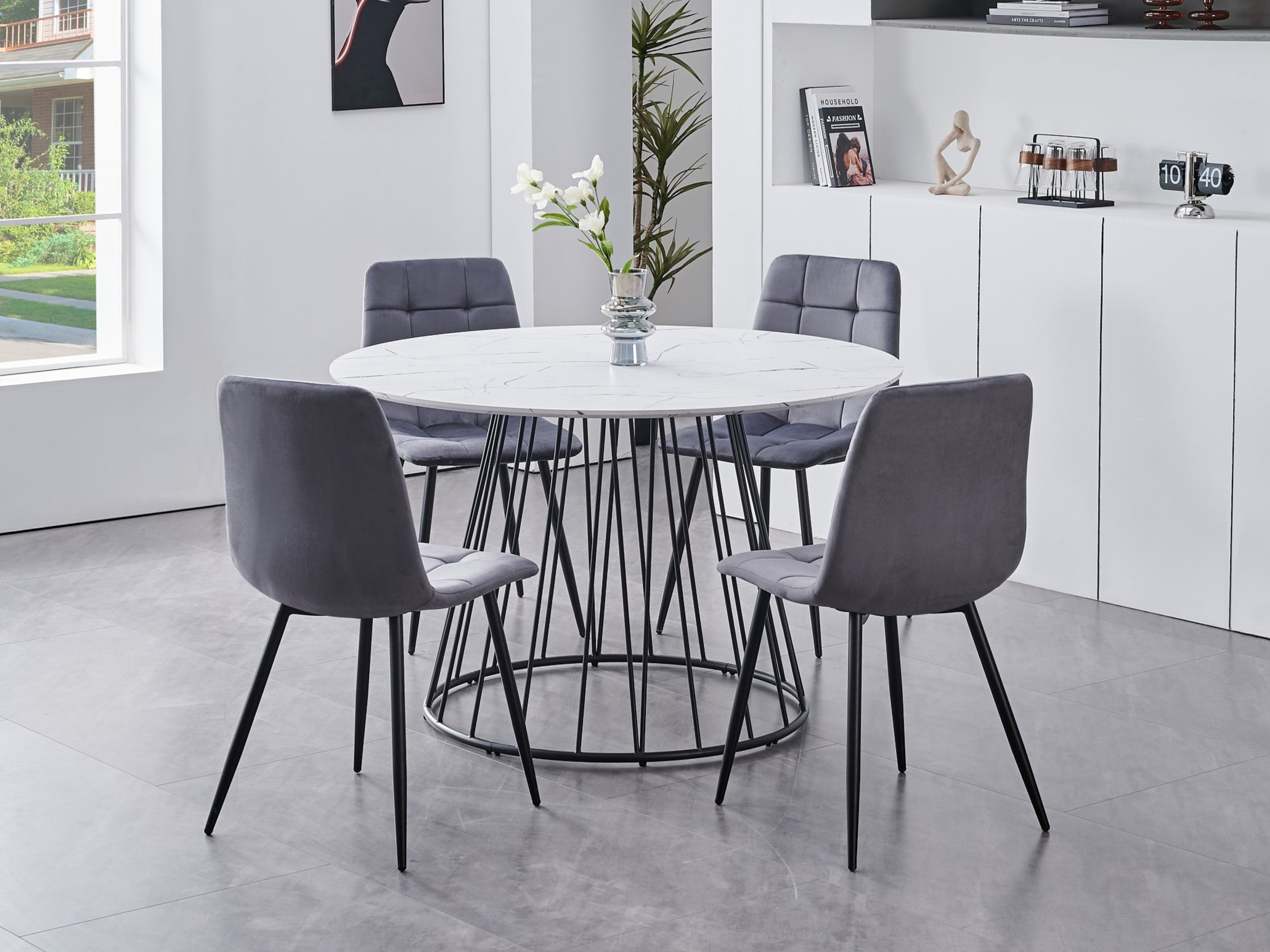 Table: White Marble Veneer Top With Black Pedestal Steel Base Dinette Set – T-1590 C-1592