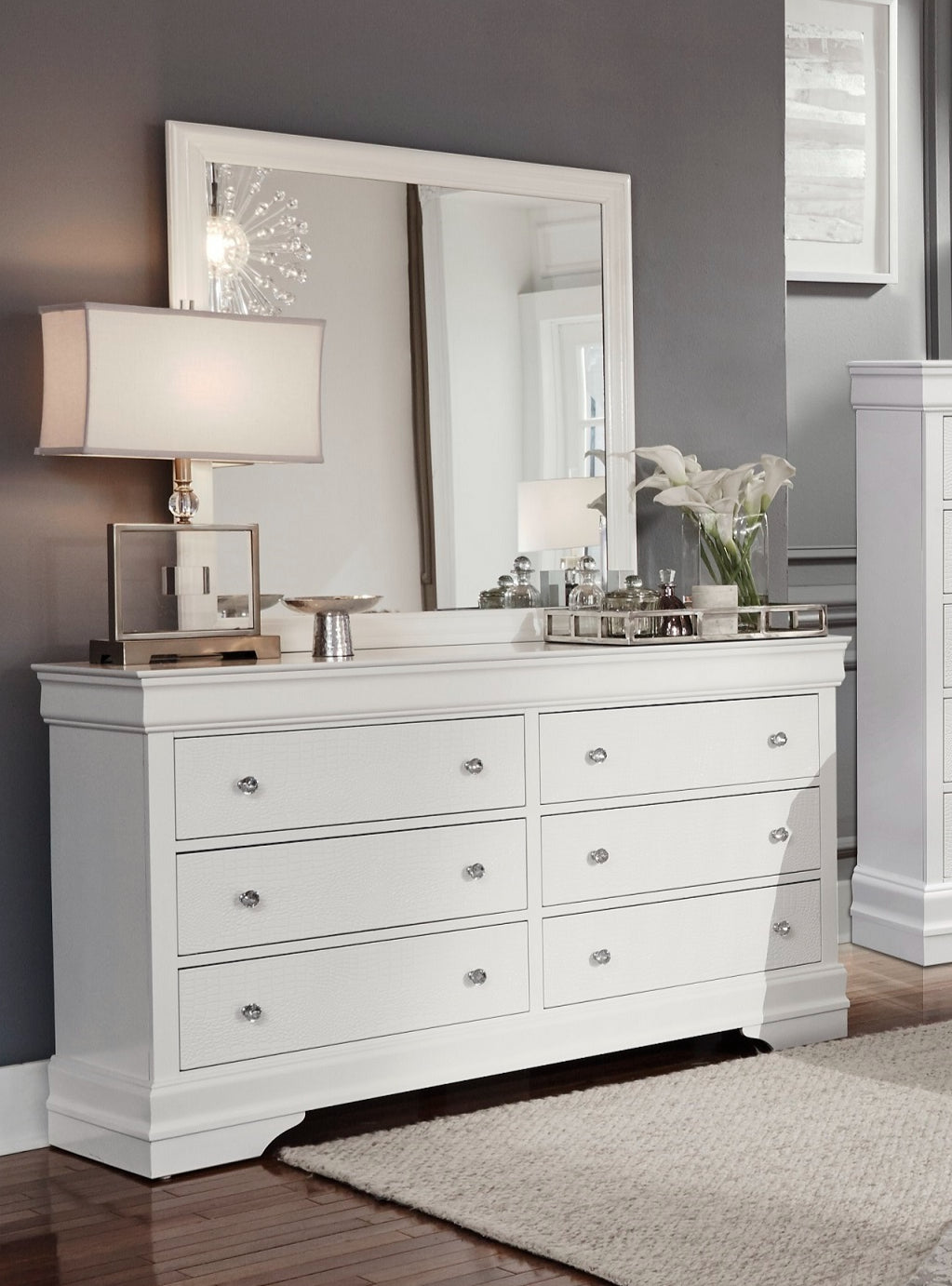 Features 6 Pull-Out Drawers Dresser & Mirror Set – Pompei (White) D/M