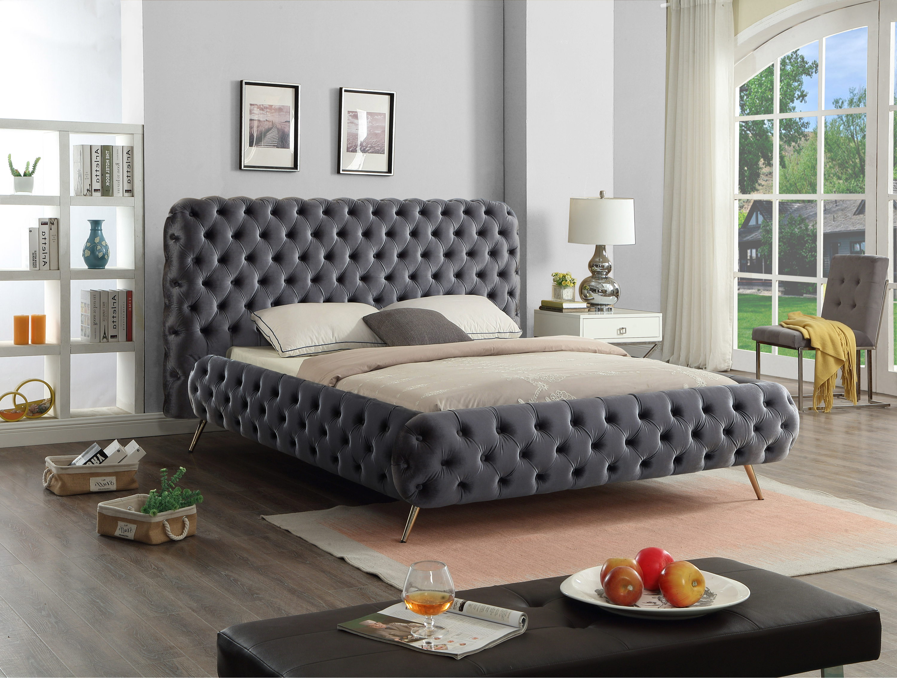 Black Tufted Bed with Gold Legs – IF-5865