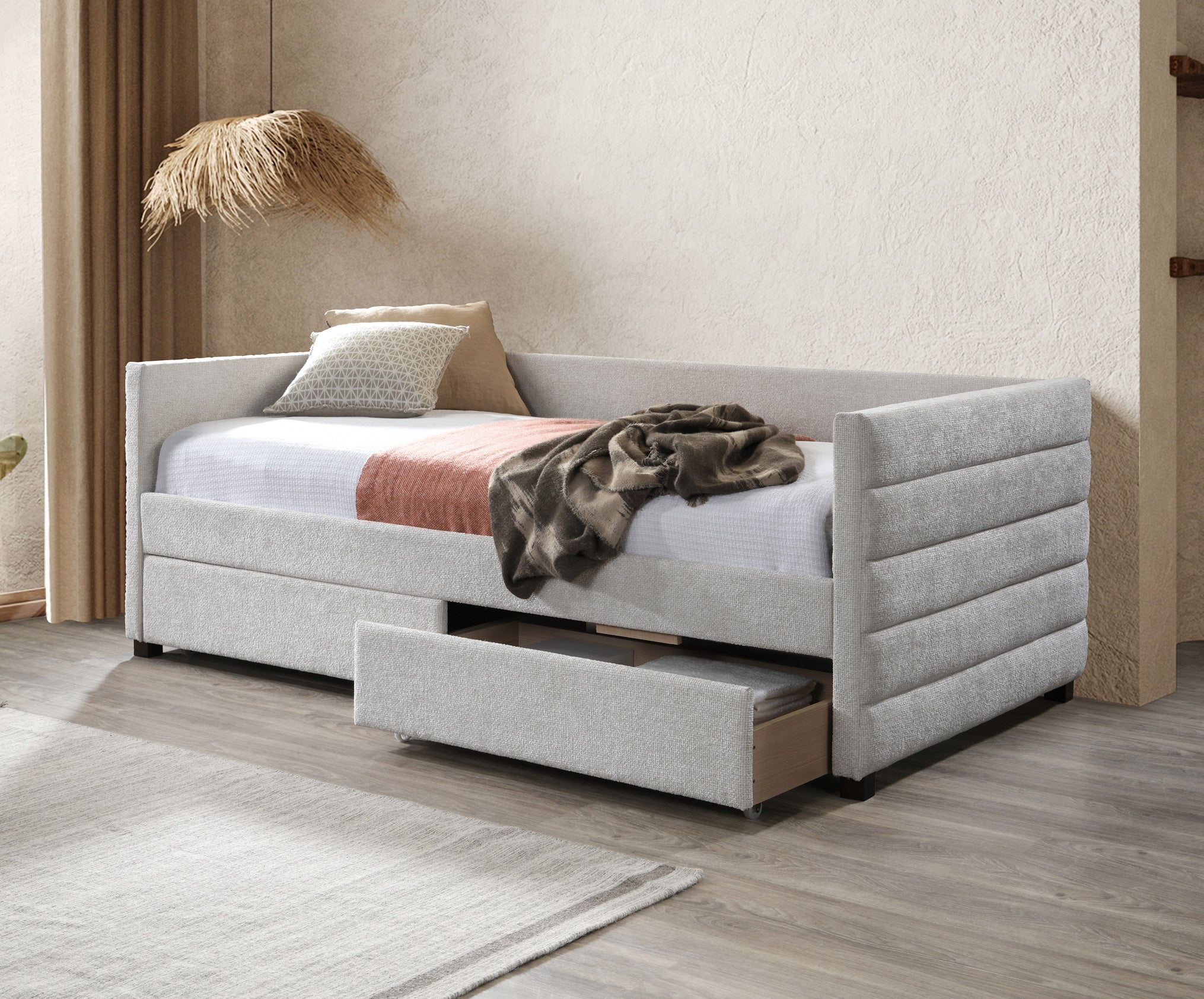 Light Grey Upholstered Daybed with Trundle Drawer – IF-302