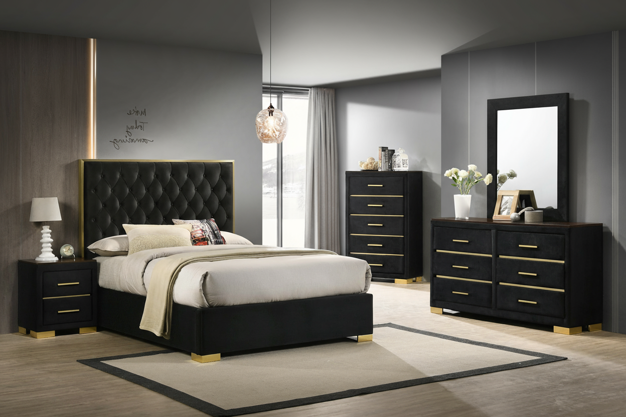 Chloe Black Tufted Bedroom Set with Gold Accents – Chloe/100