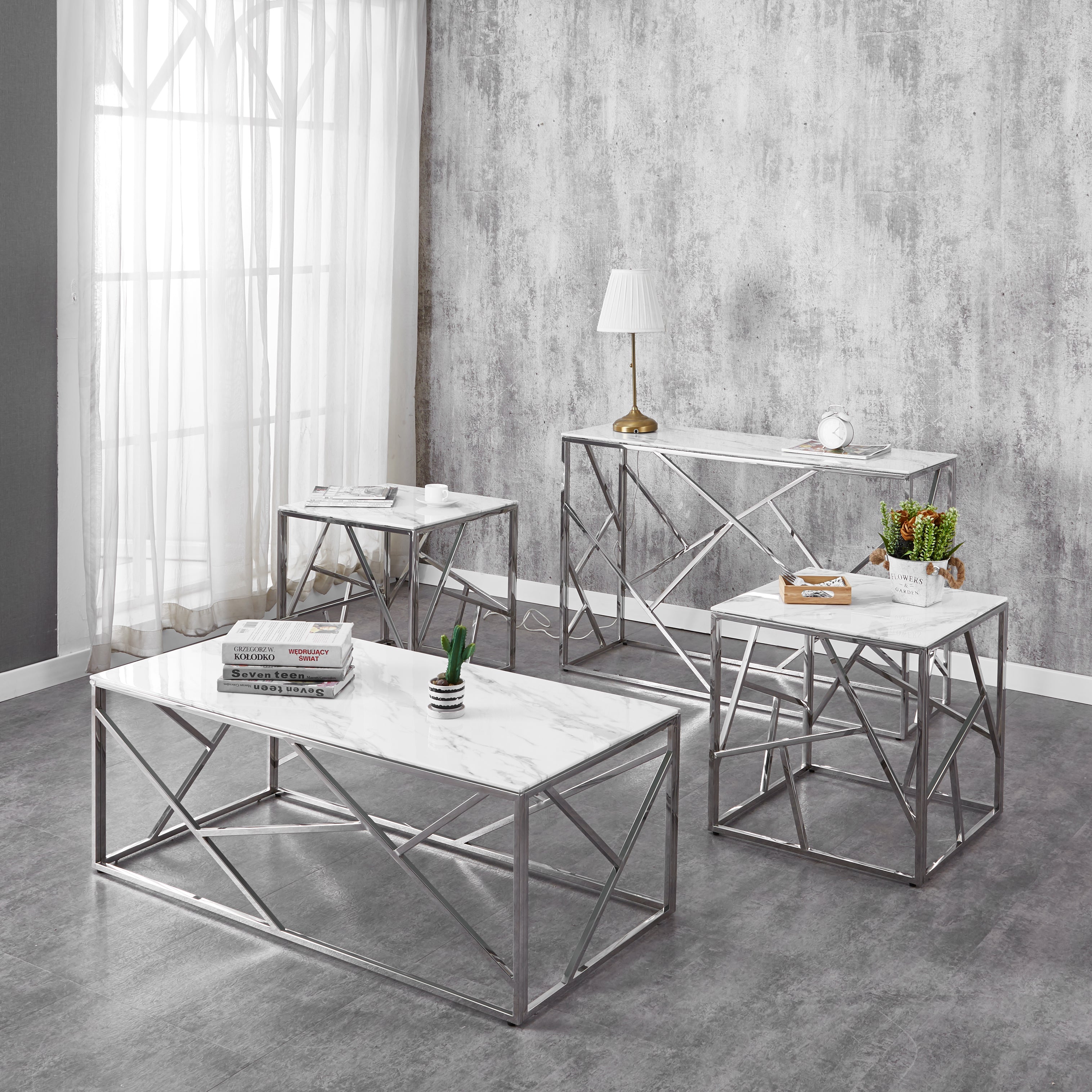Chrome Coffee & Side Table Set with Marble-Look Top – IF-2360/IF-2361