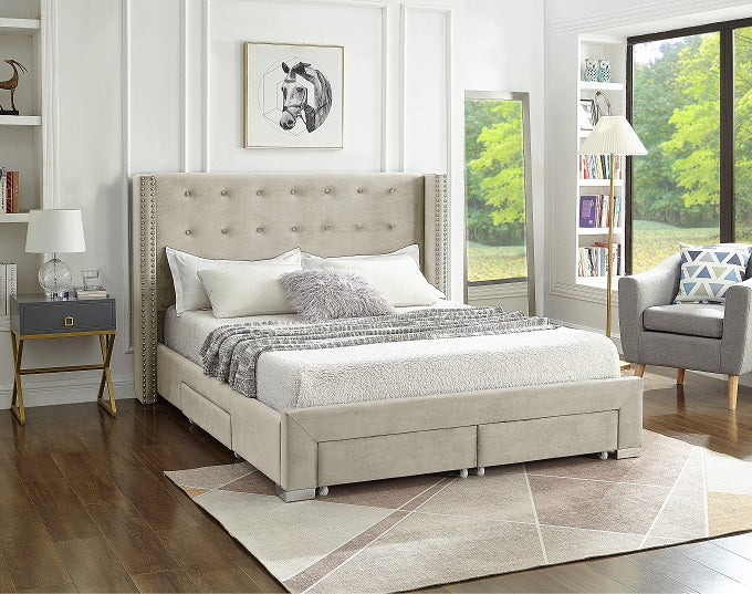 Beige Tufted Wingback Storage Bed with Nailhead Trim – IF-5322