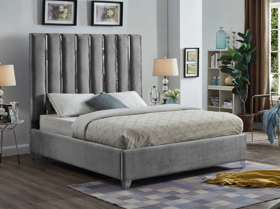 Grey Velvet Channel-Tufted Bed – IF-5620