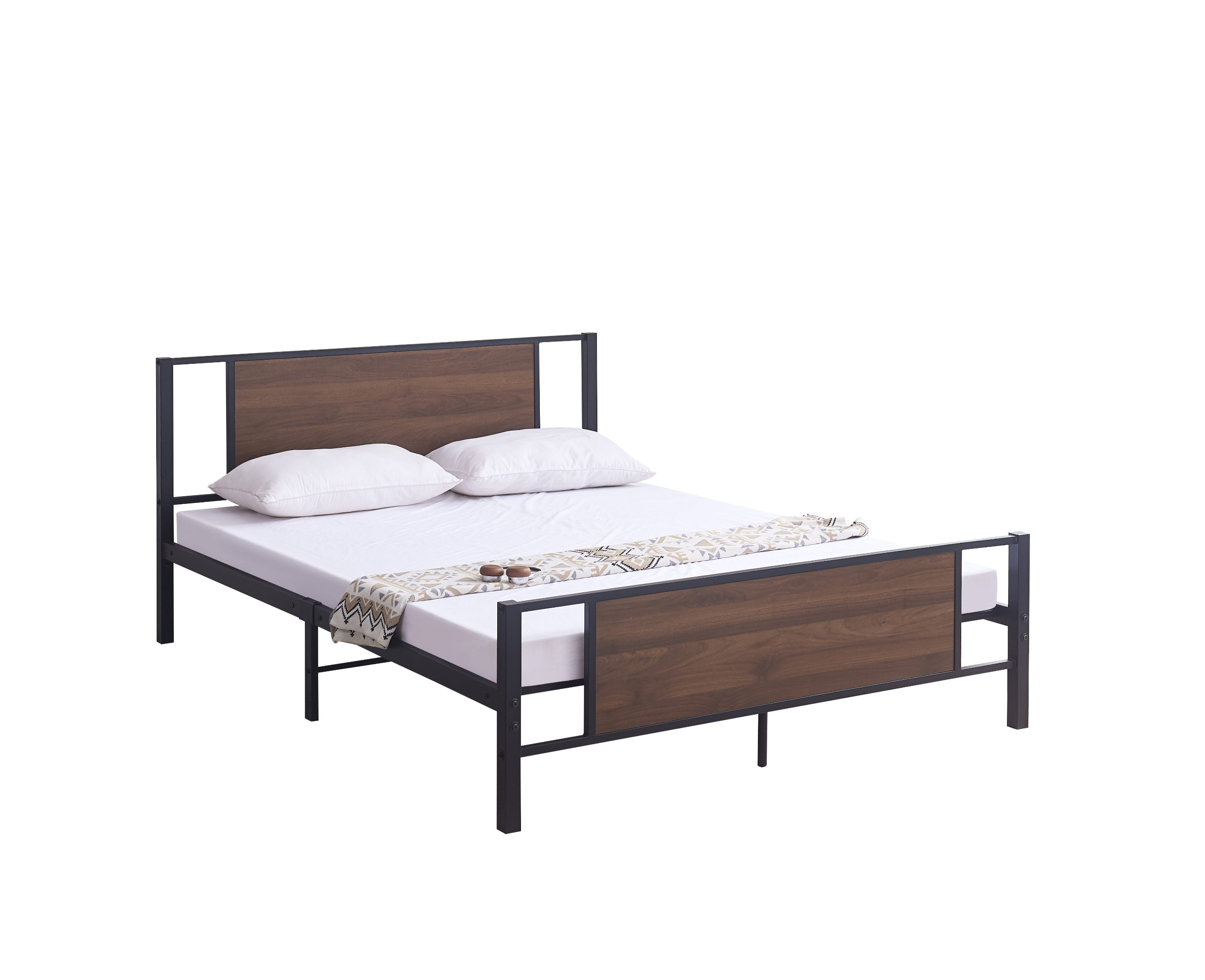 Black Steel Bed Frame with Wood Panel Accents – IF-5275