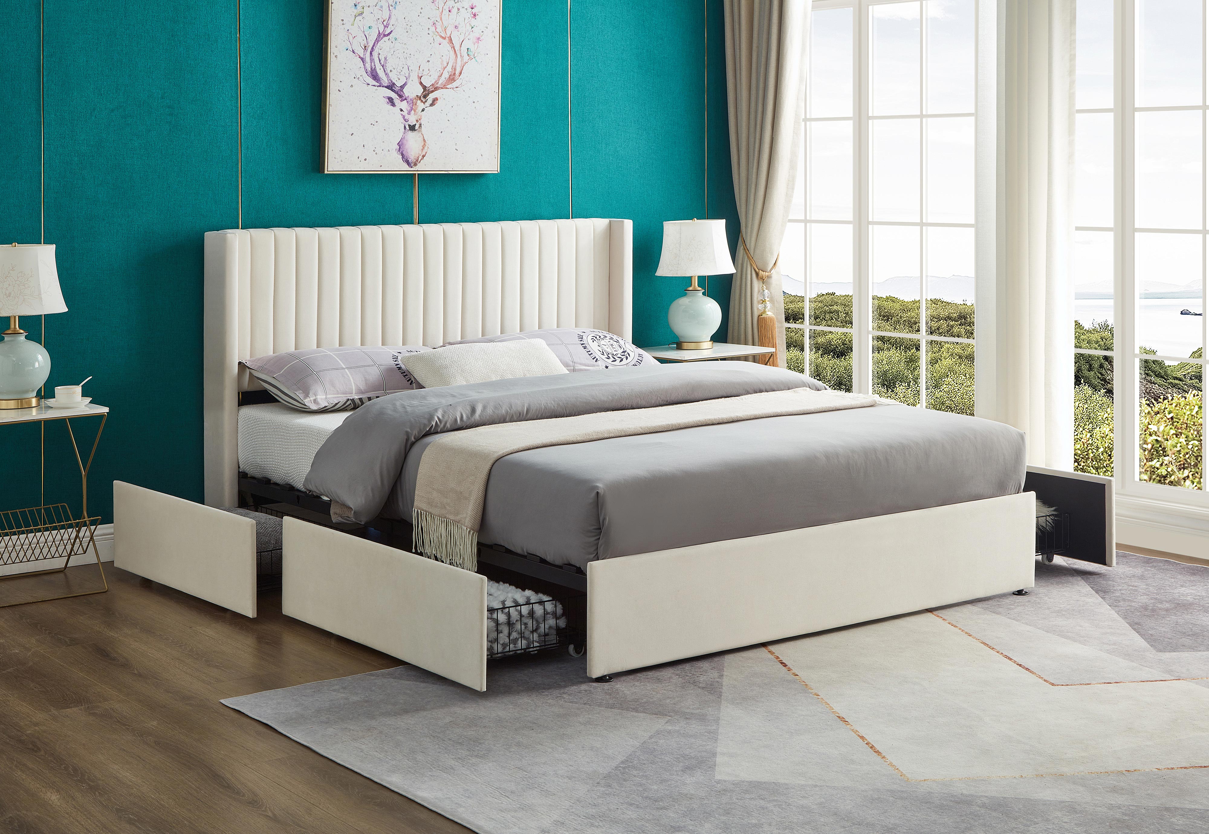Beige Channel-Tufted Platform Bed – IF-5407
