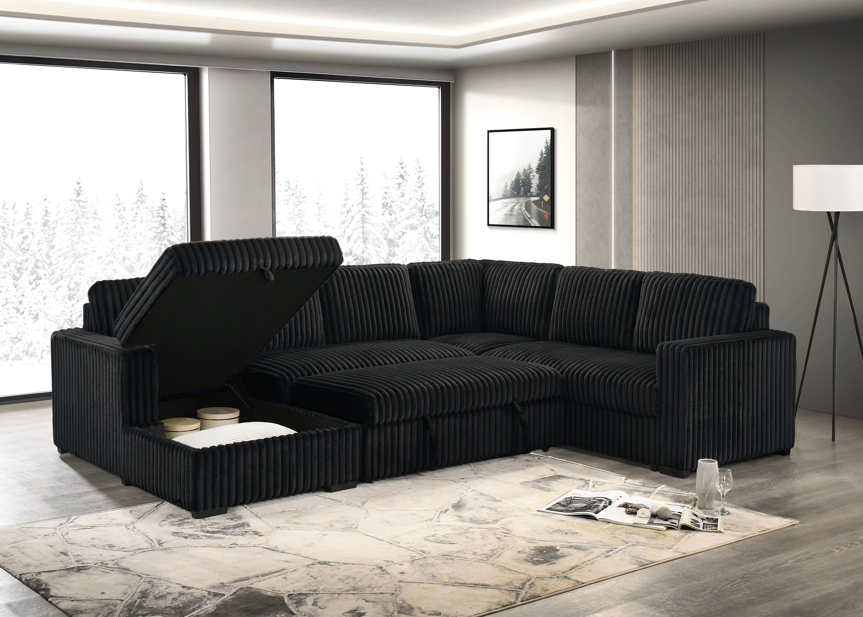 Black Corduroy U-Shape Sectional Sofa – IF-9095 LHF