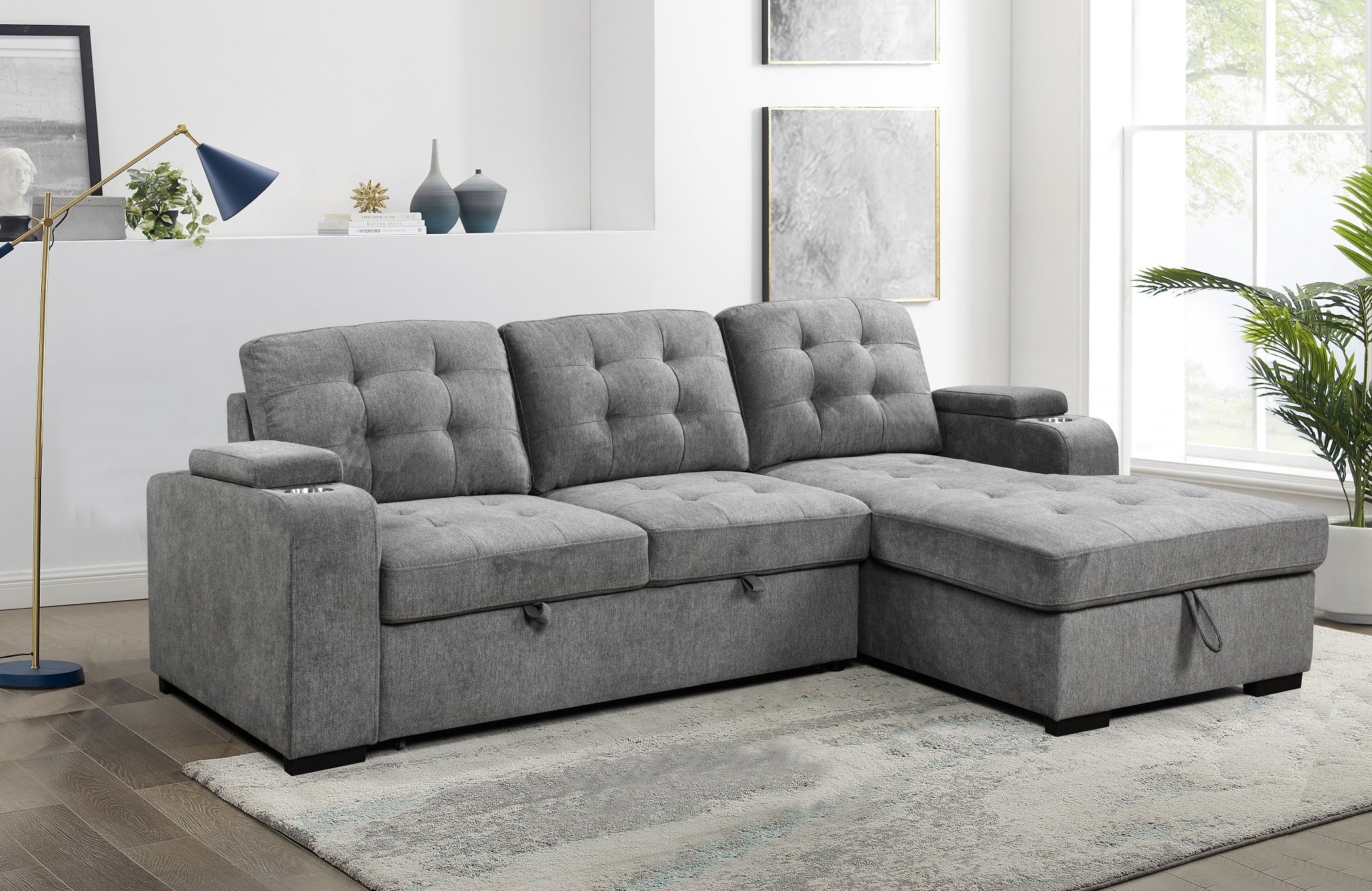 Grey Tufted Sectional Sofa with Storage Chaise – IF-9051 RHF