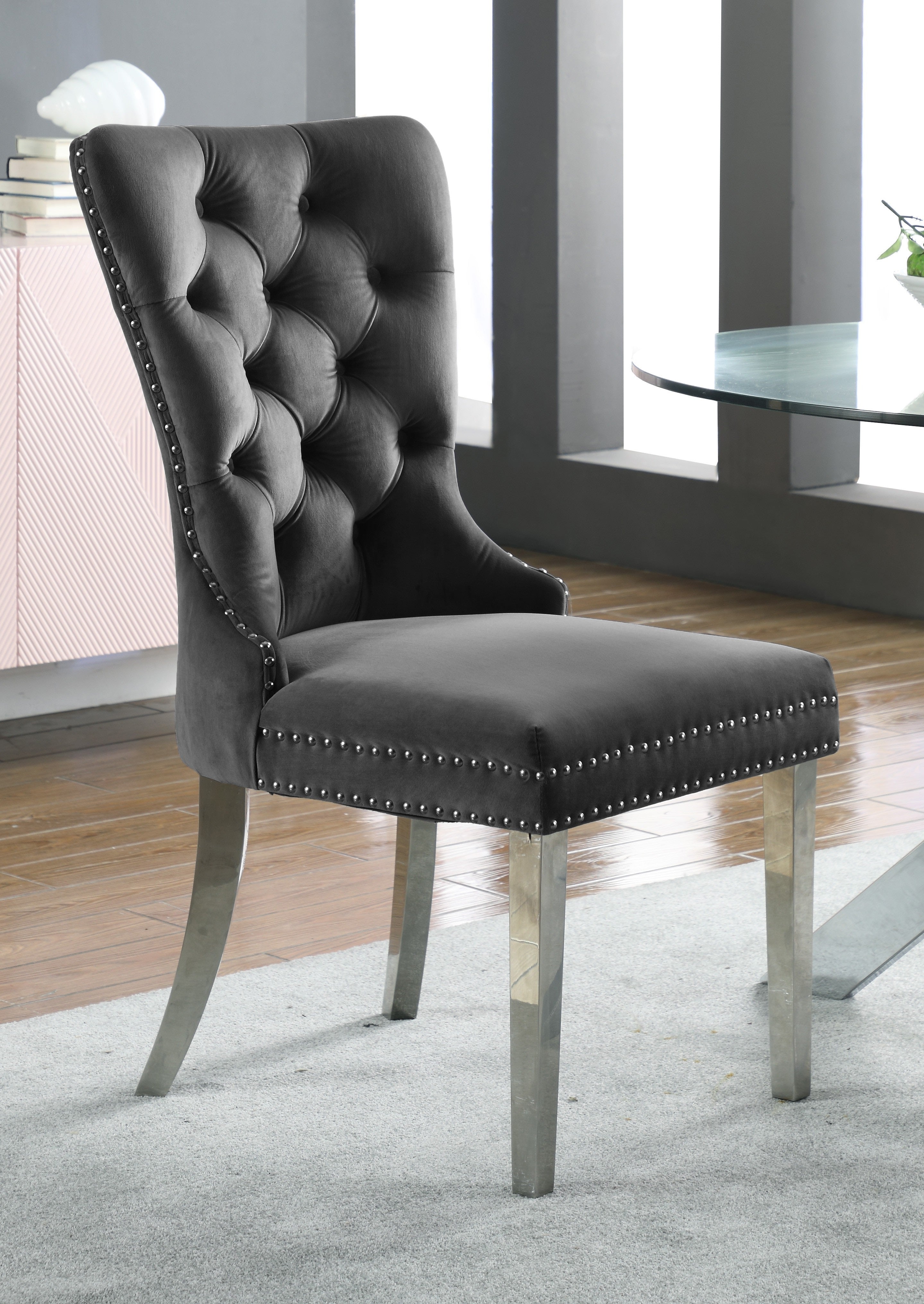 Grey Velvet/ Polished Chrome Accent Chair – C-1260