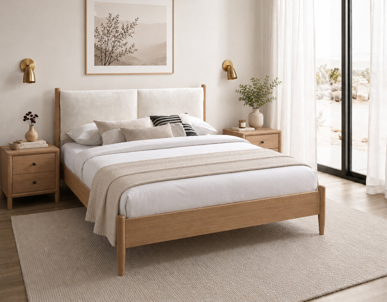 Natural Oak Finish with Soft Upholstered Headboard Bed – IF-5915