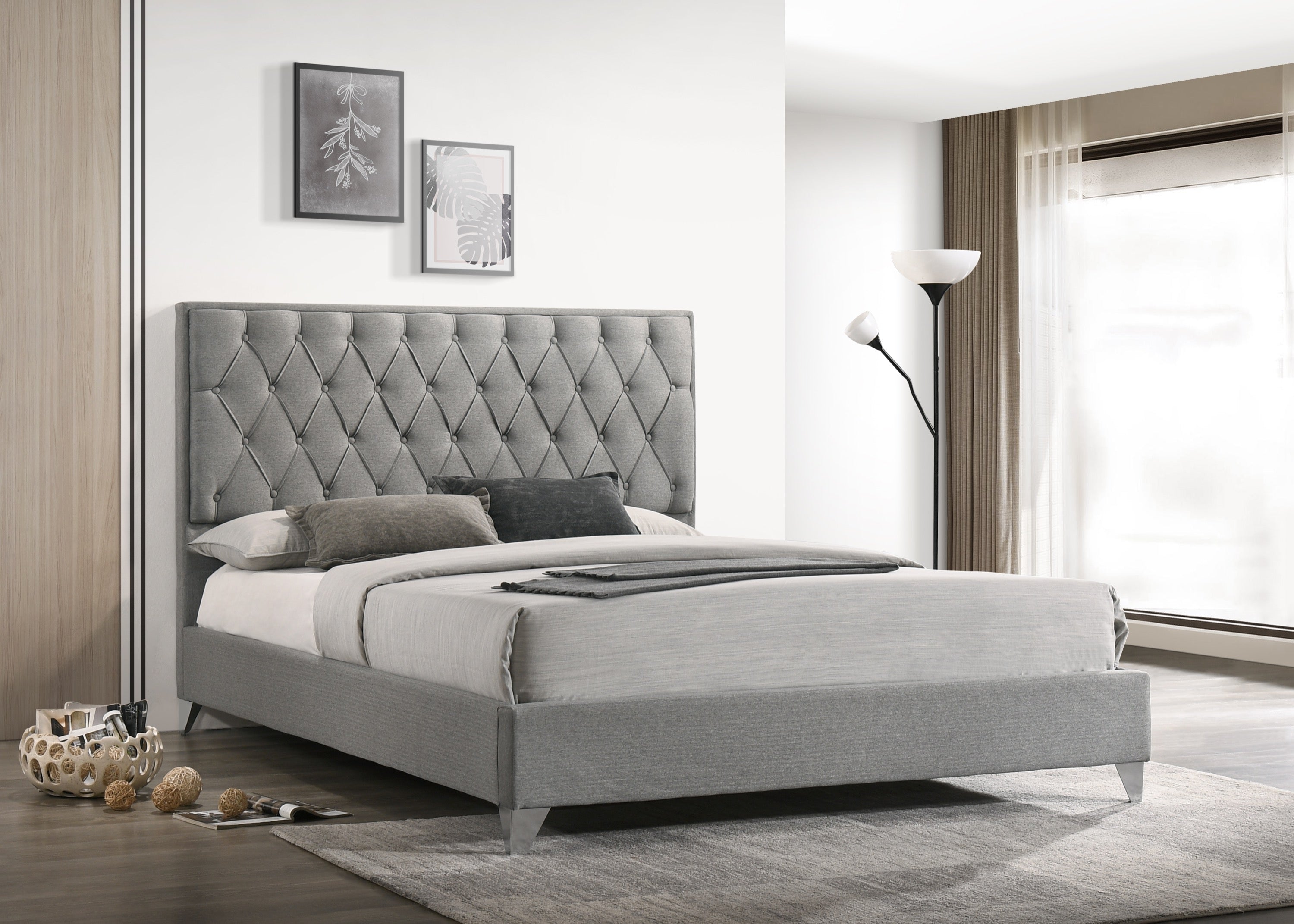 Grey Diamond-Tufted Upholstered Bed – IF-5225