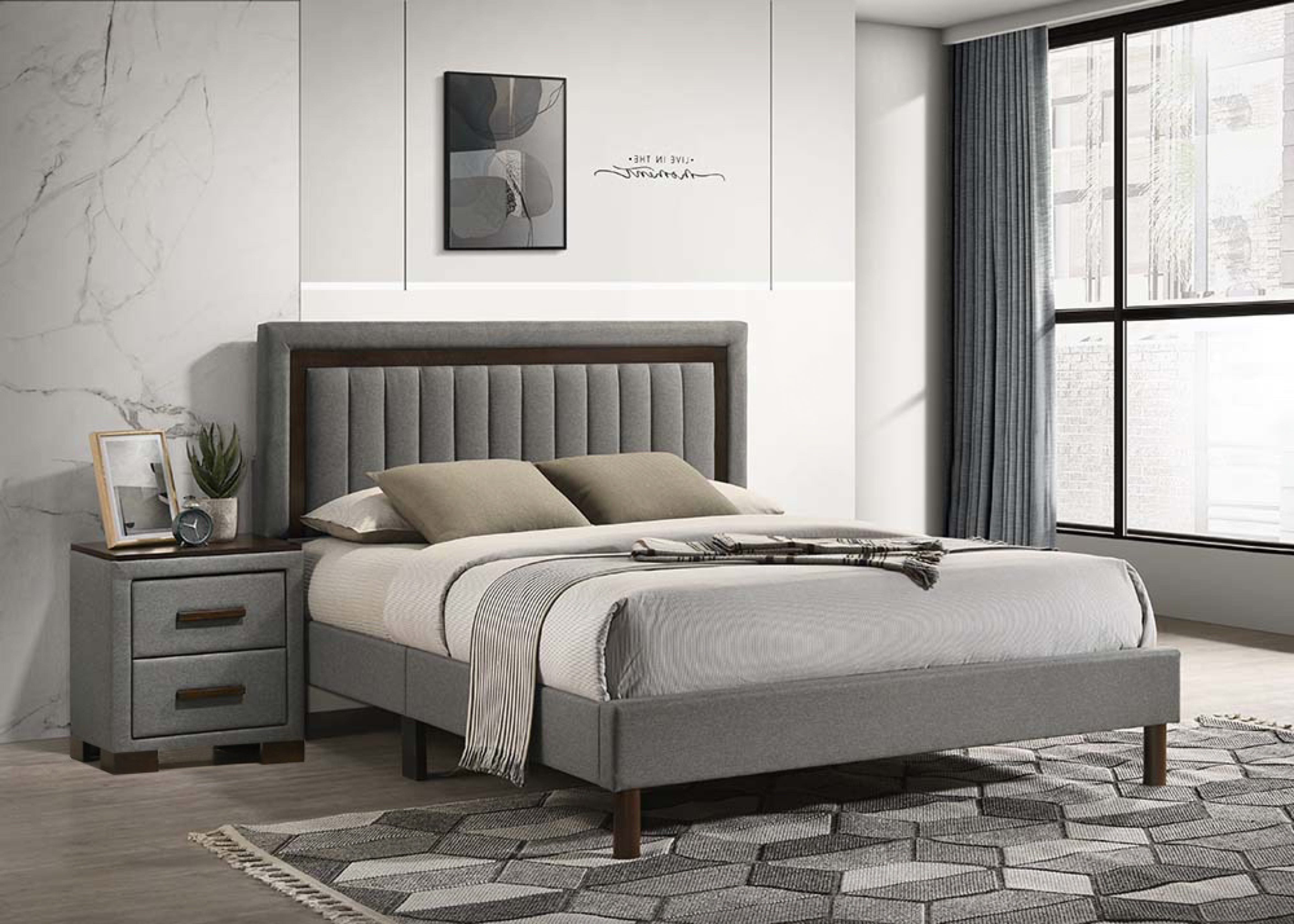 Grey Fabric Channel-Tufted Platform Bed – IF-180