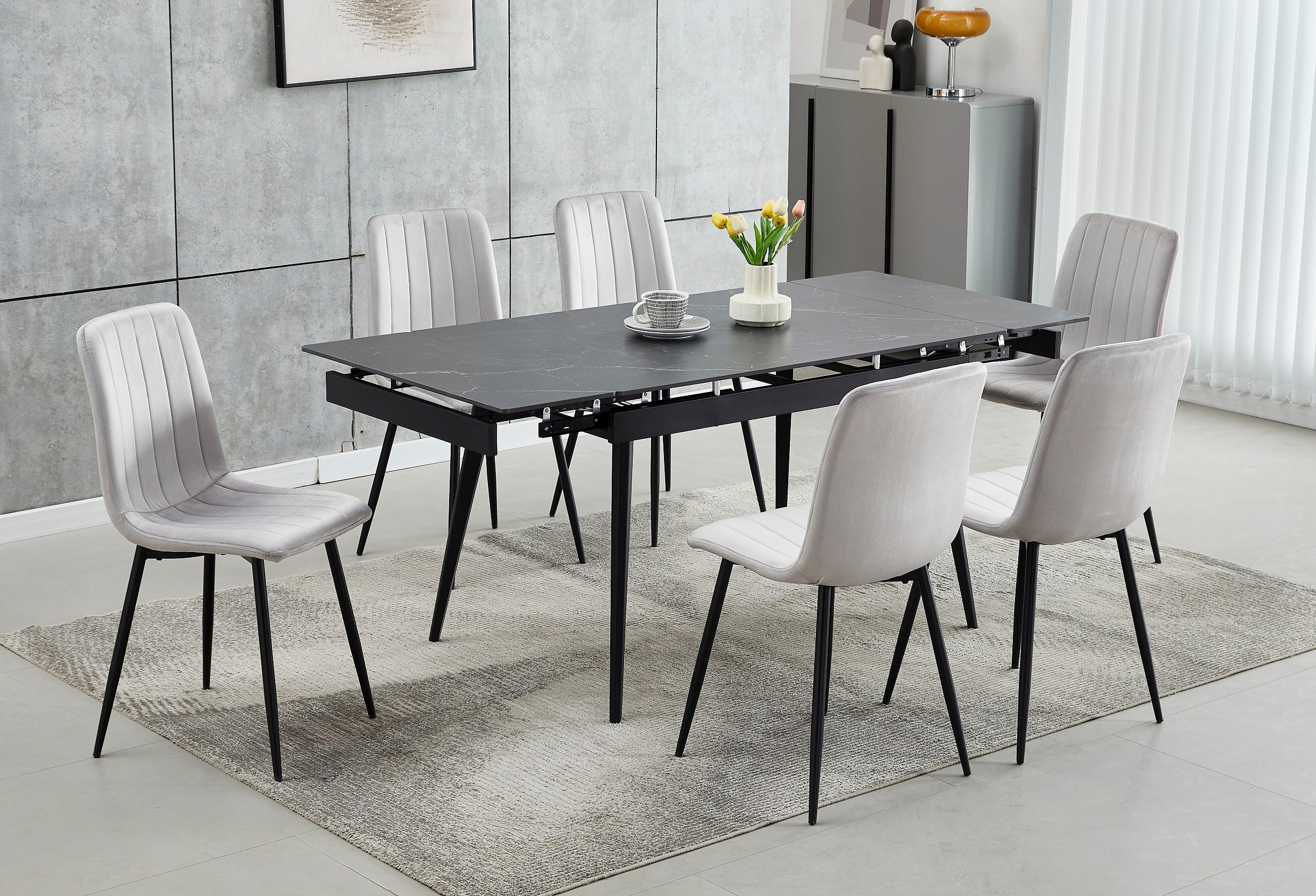 Extension Table: Sintered Stone Marble Top With Black Steel Legs Dinette Set – T-1472 C-1473