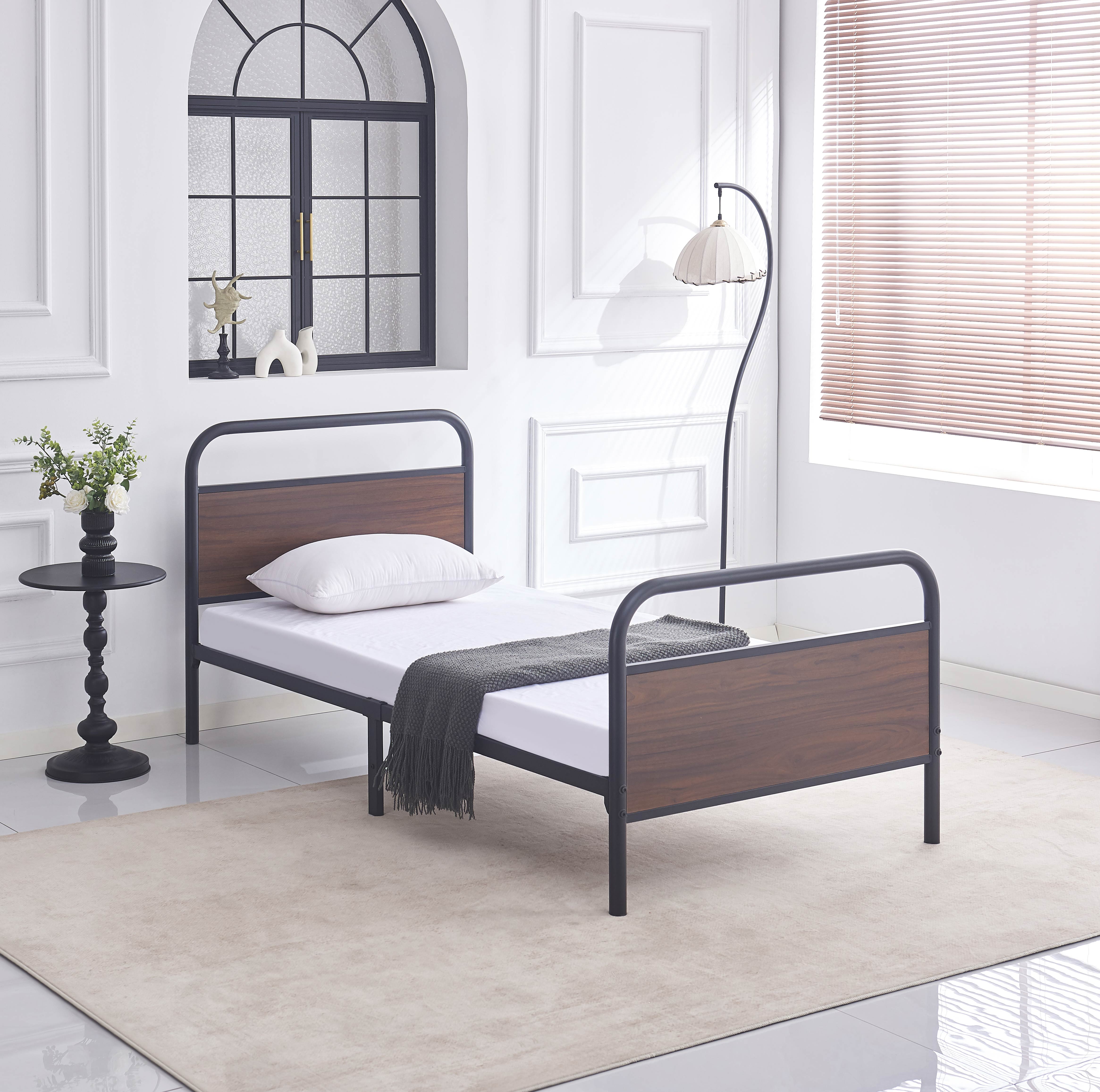 Black Steel Bed Frame with Wood Panel Accents – IF-5255