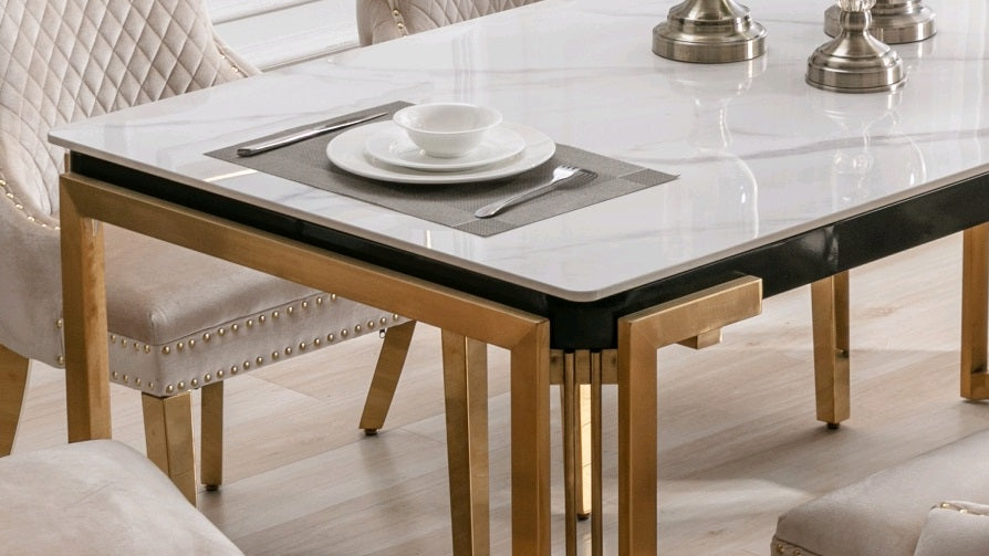 Table: Ceramic Marble Top With Stainless Gold Legs Dinette Set – T-1275 C-1285