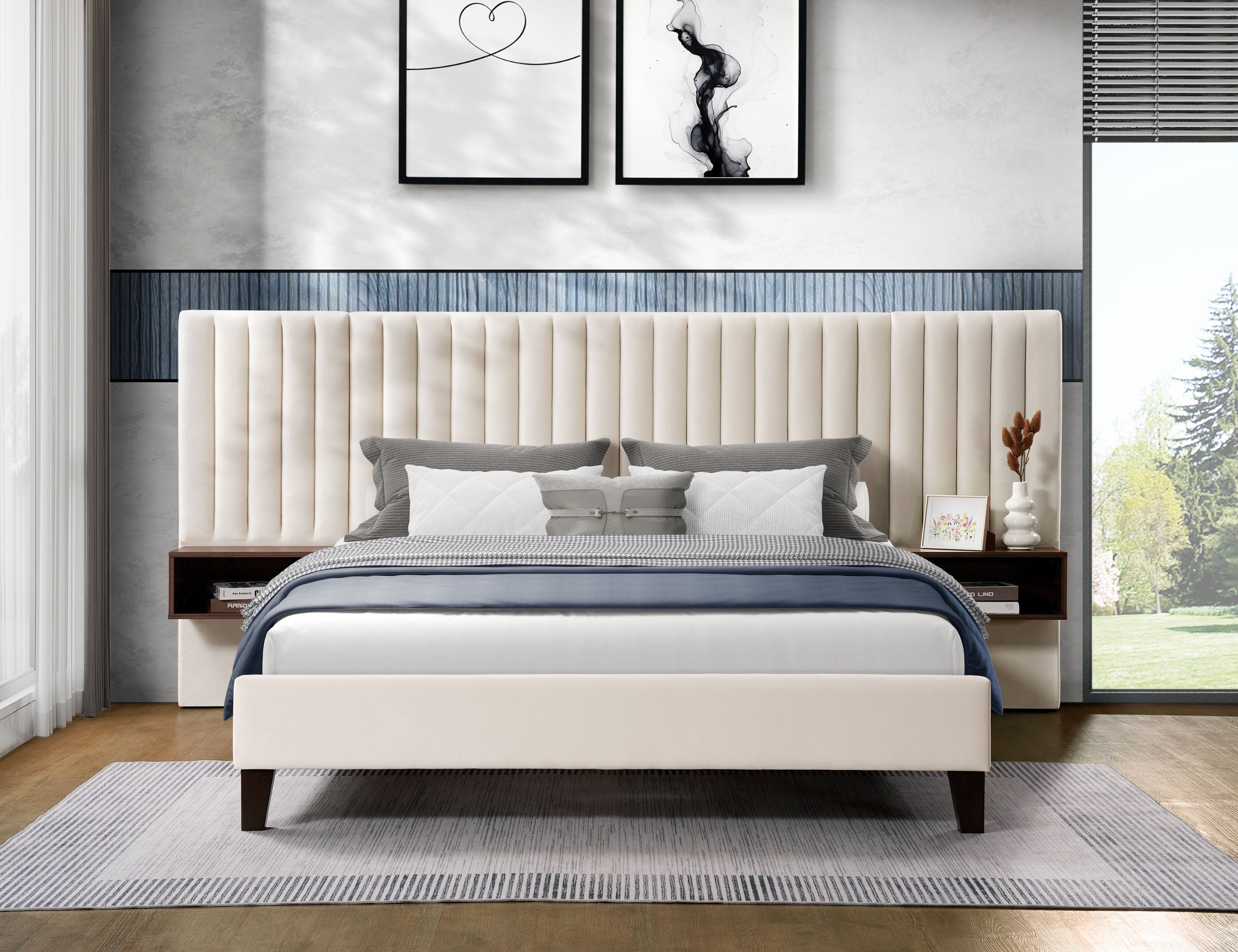 Ivory Channel-Tufted Wingback Bed – IF-5561