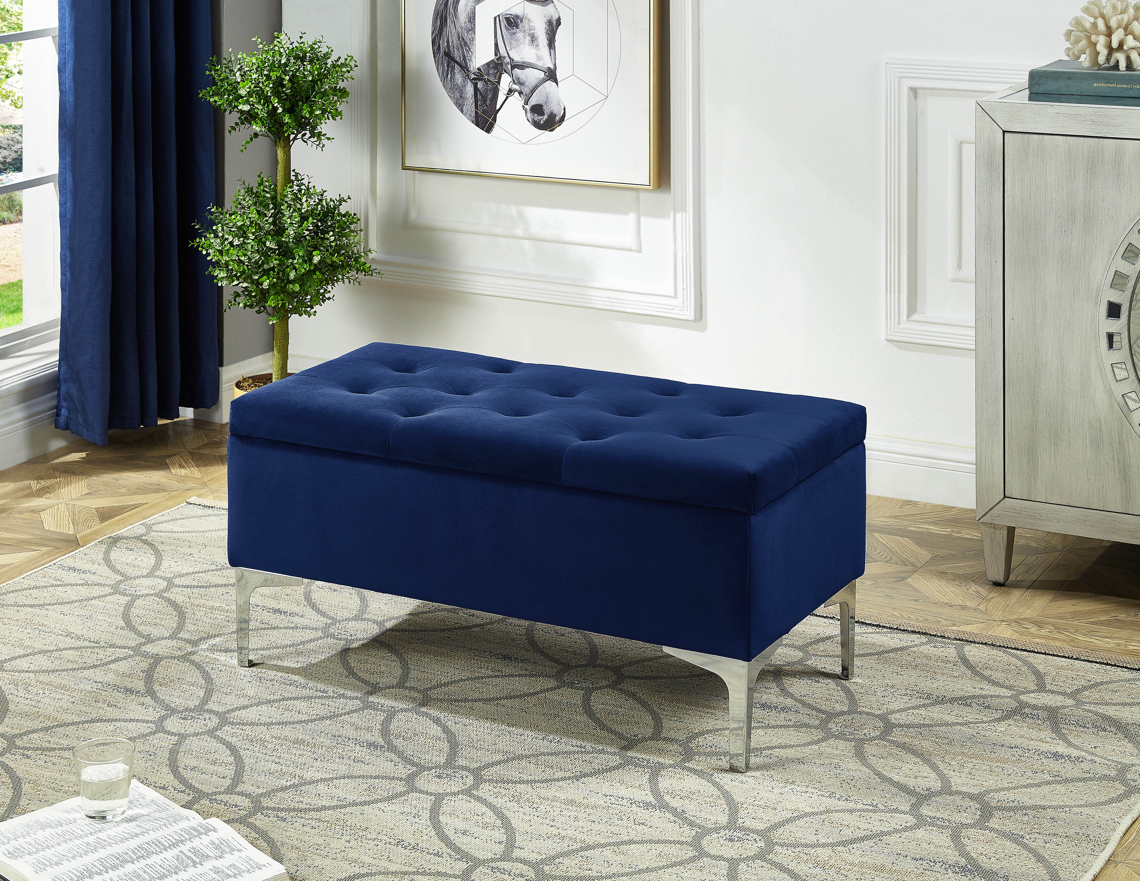 Navy Blue Tufted Storage Bench with Chrome Legs – IF-6257