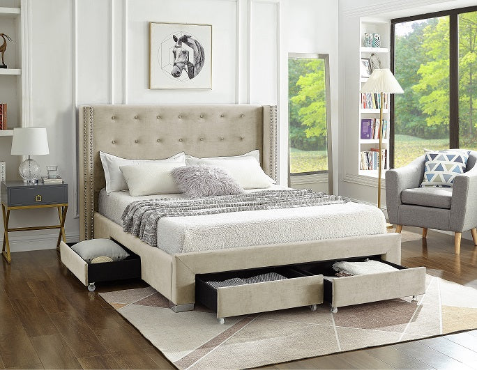 Beige Tufted Wingback Storage Bed with Nailhead Trim – IF-5322