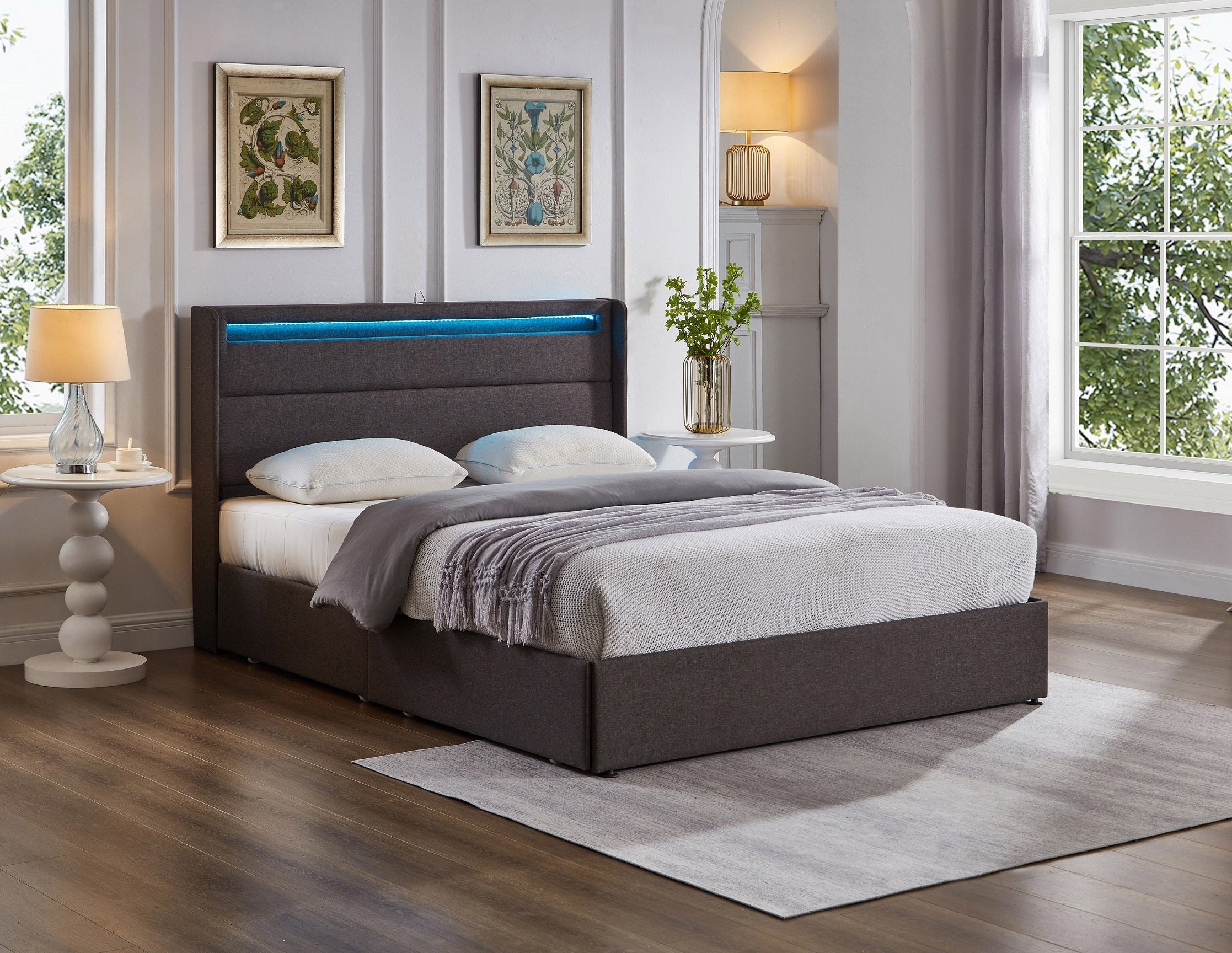 Grey Upholstered Storage Bed with LED Headboard – IF-5343