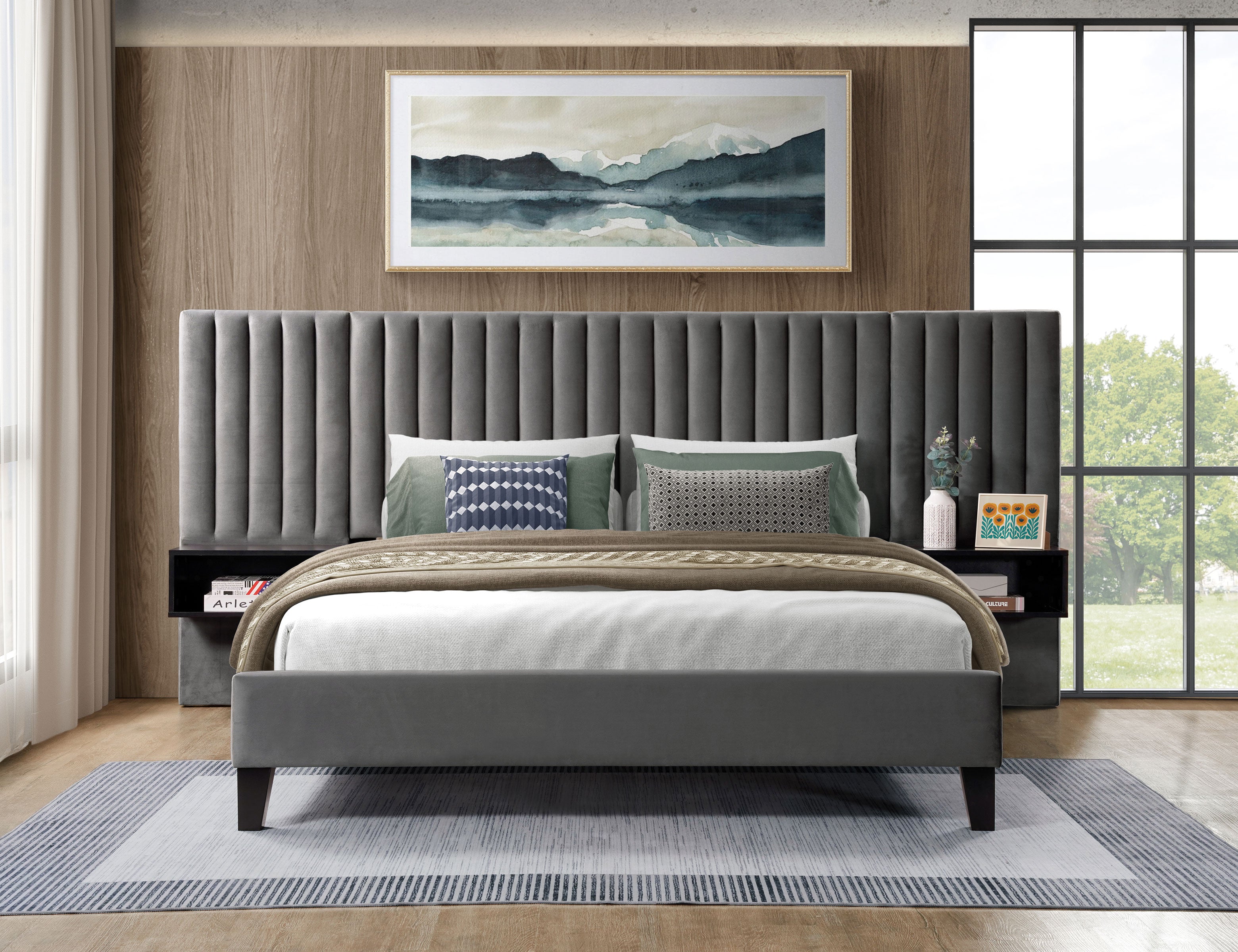 Charcoal Channel-Tufted Wingback Bed – IF-5560