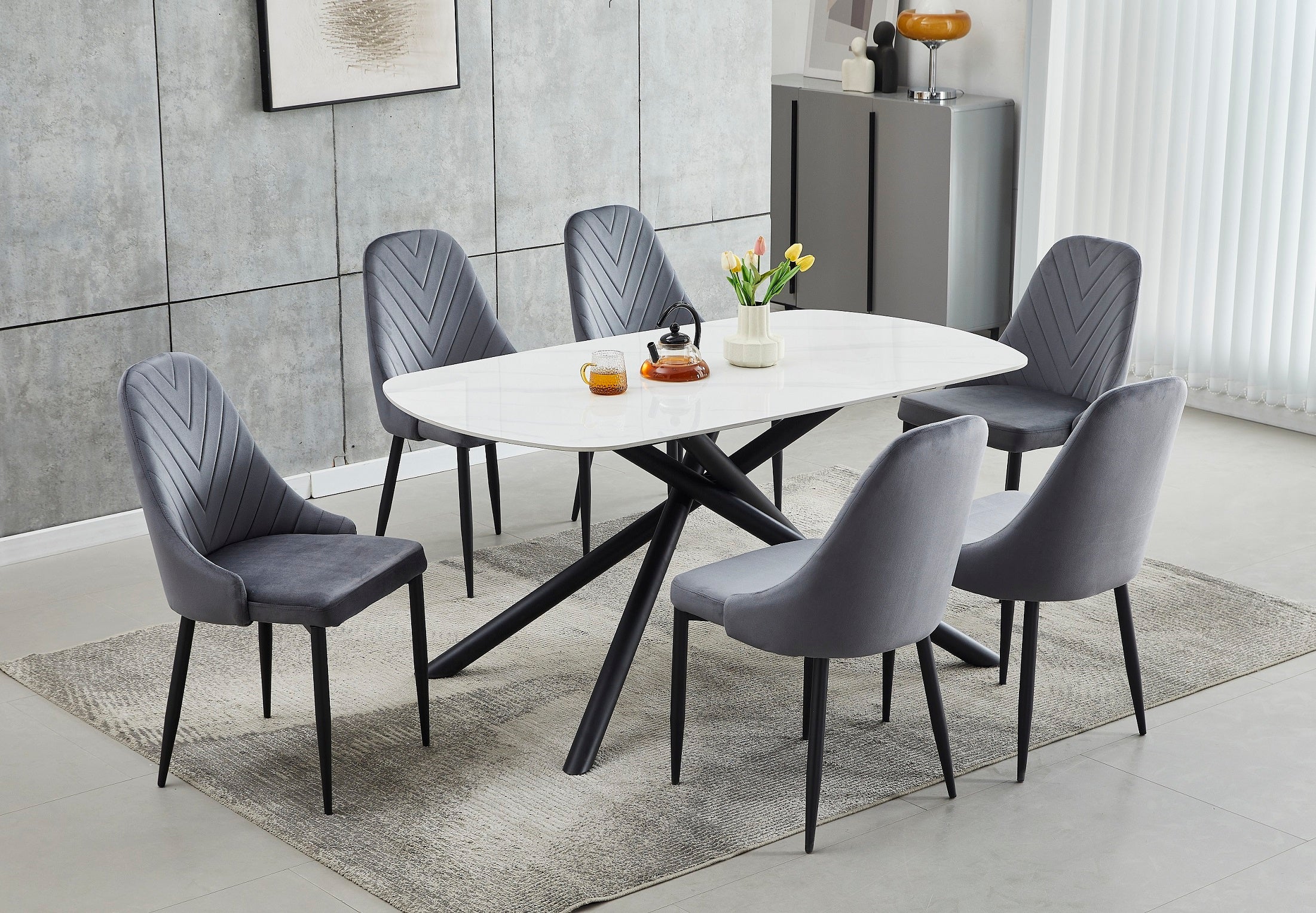 Table: Sintered Stone White Marble Top With Black Steel Legs Dinette Set – T-1530 C-1532