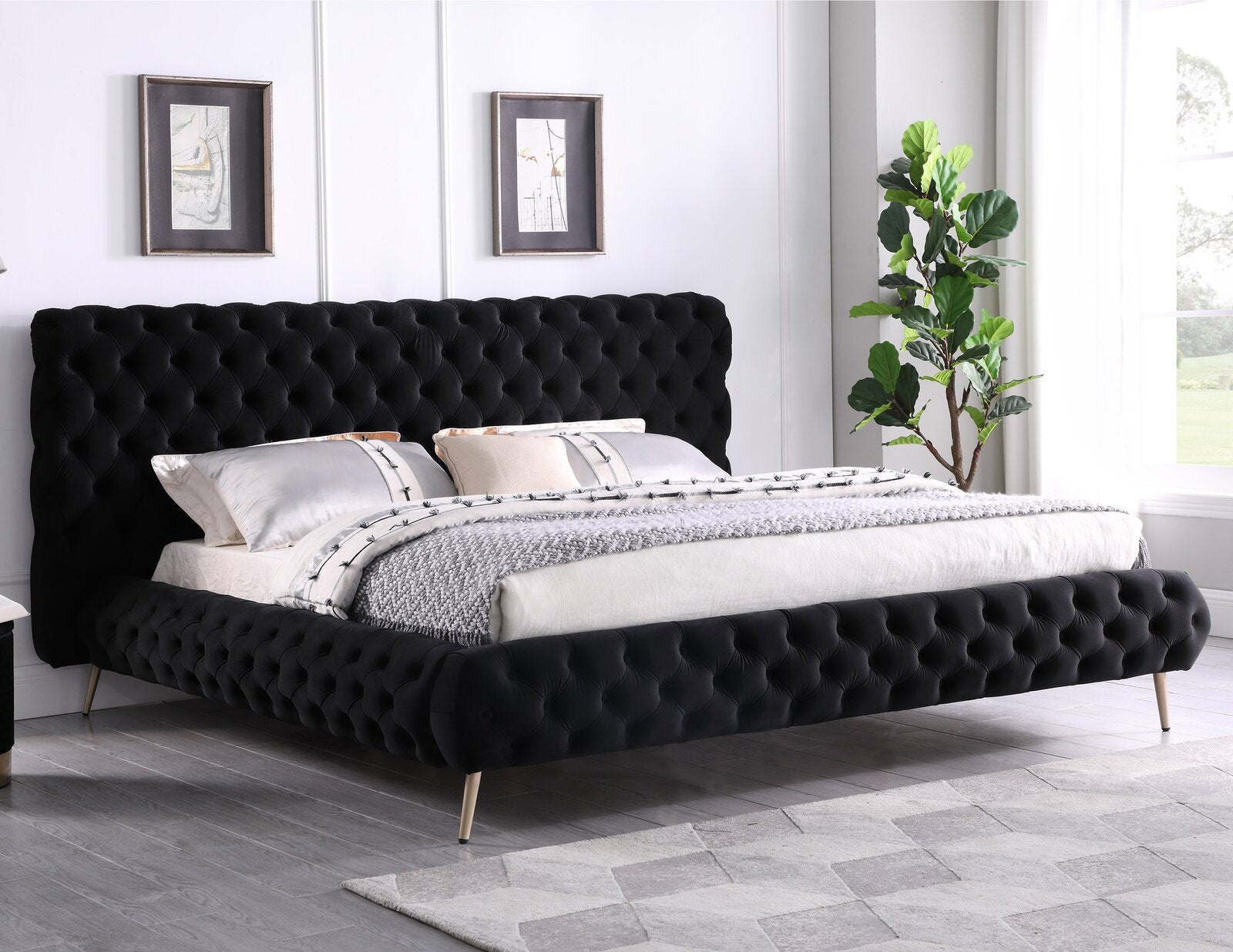Charcoal Wingback Tufted Bed with Nailhead Trim – IF-5866