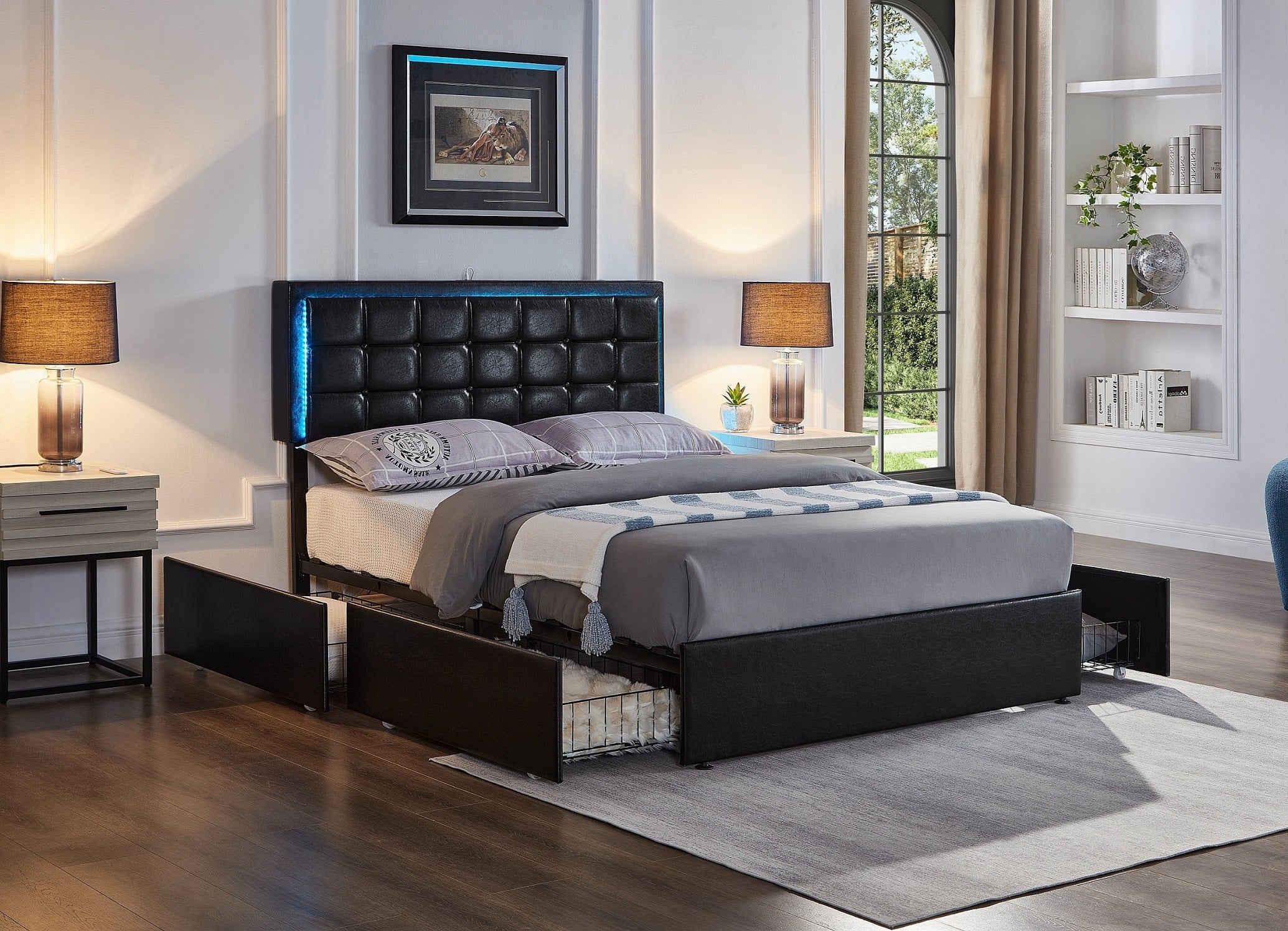 Black Faux Leather Storage Bed with LED Headboard – IF-5400