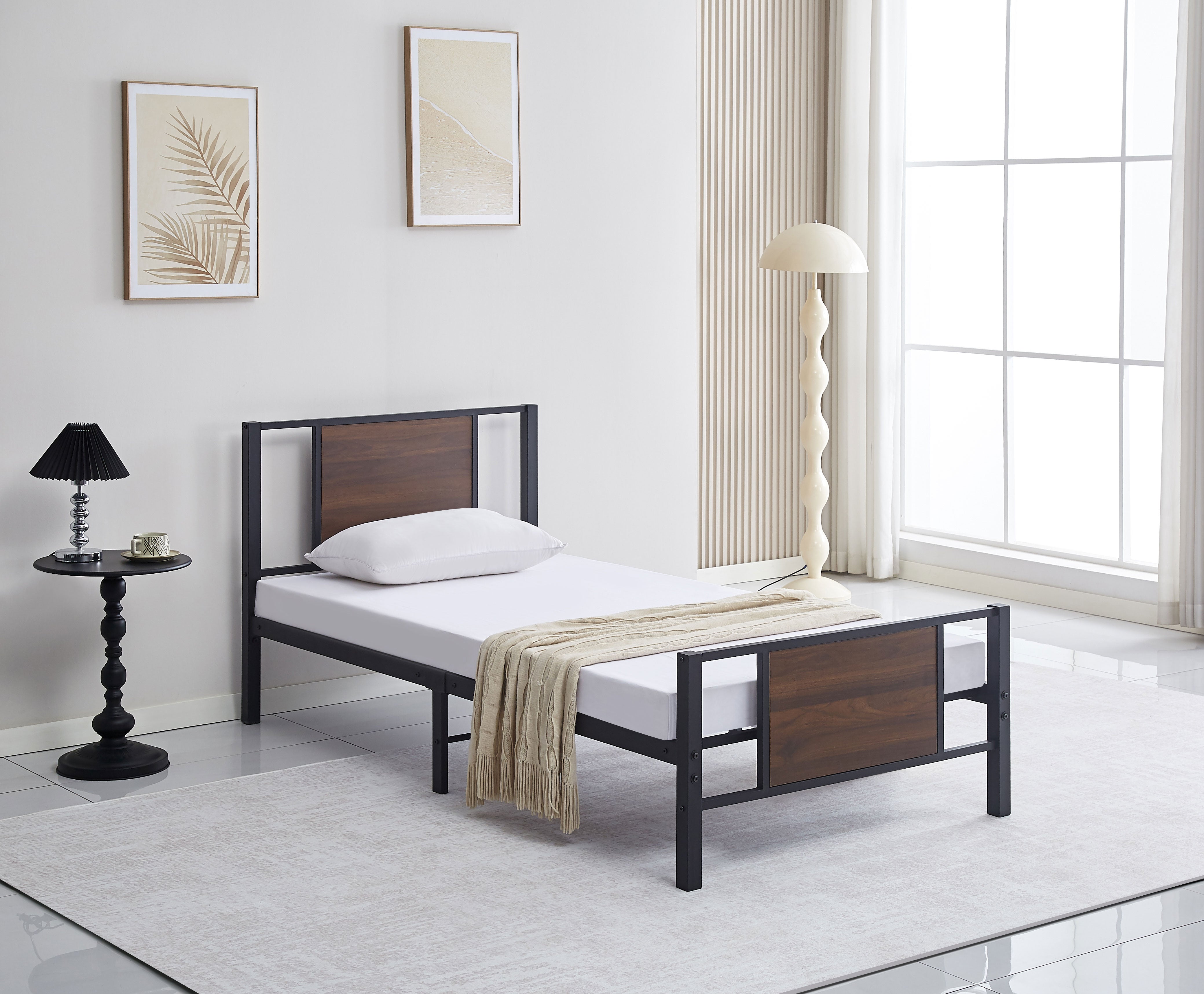 Black Steel Bed Frame with Wood Panel Accents – IF-5275