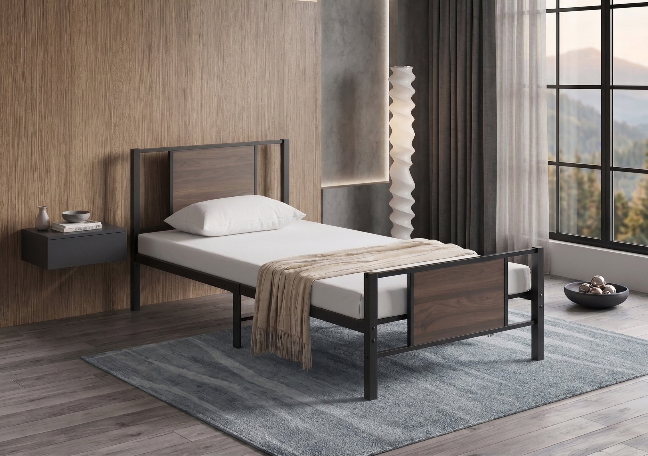 Black Steel Bed Frame with Wood Panel Accents – IF-5275