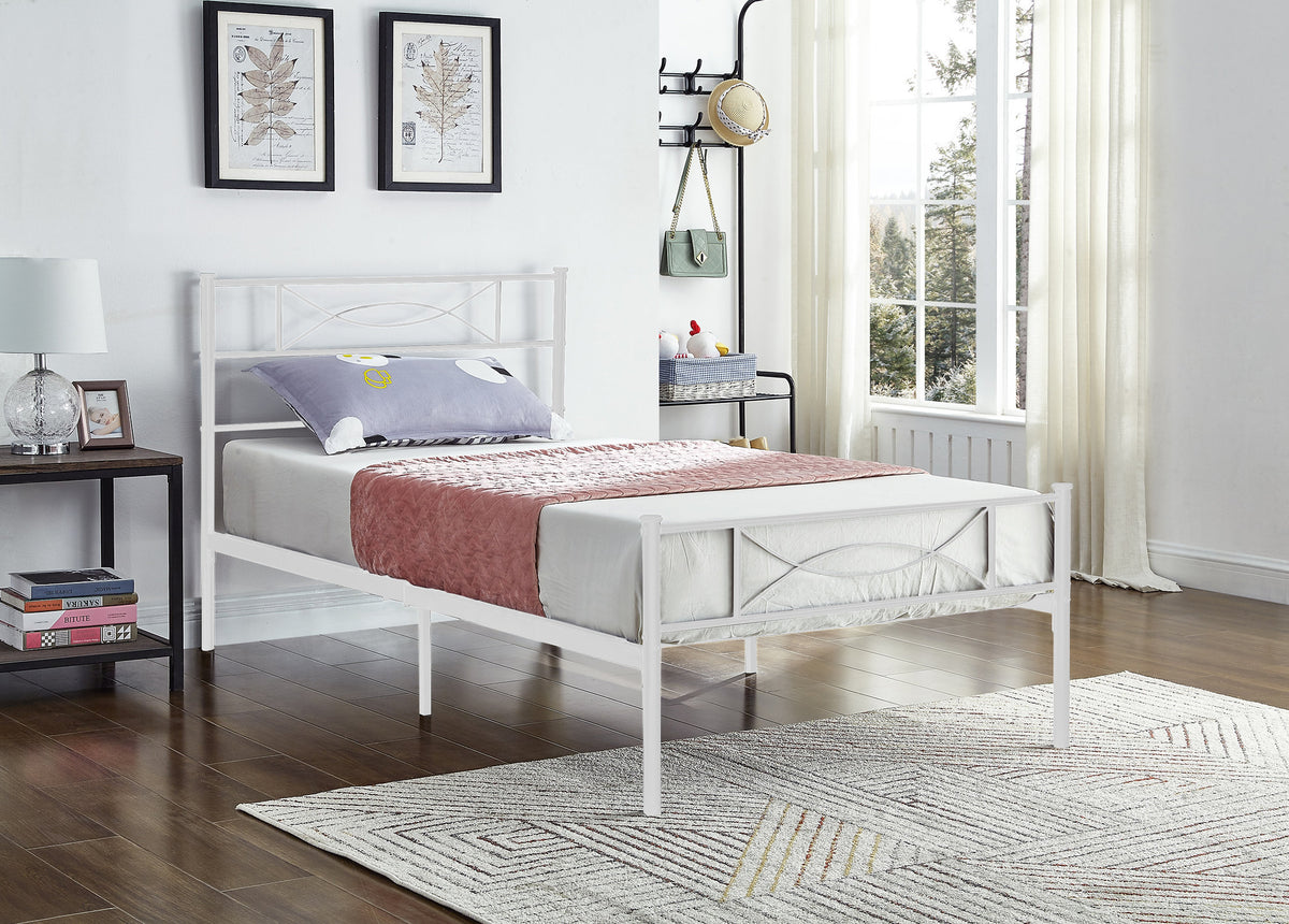 White Metal Bed Frame with Scroll Headboard Design – IF-154W