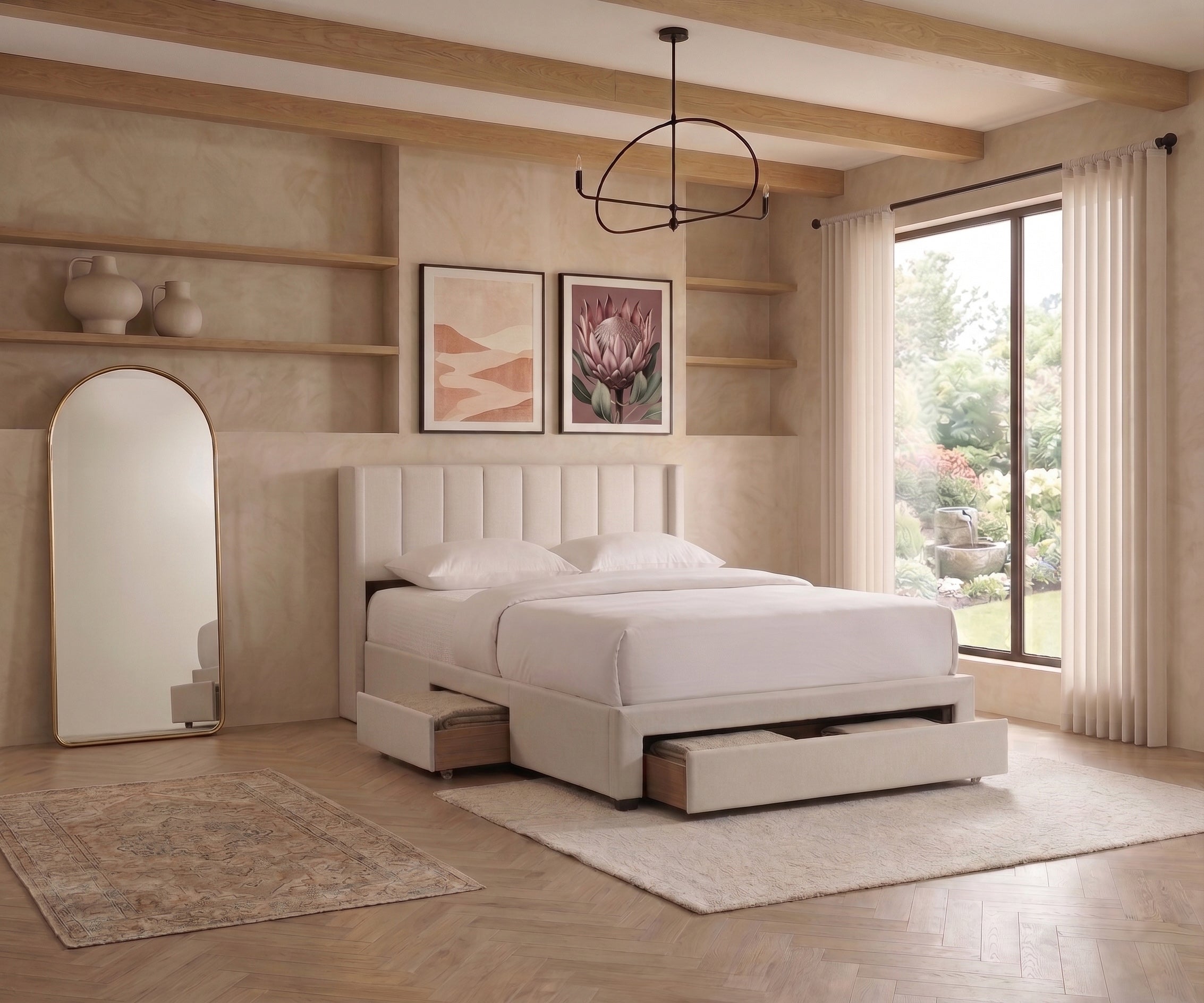 Beige Upholstered Storage Bed with Footboard Drawers – IF-5331