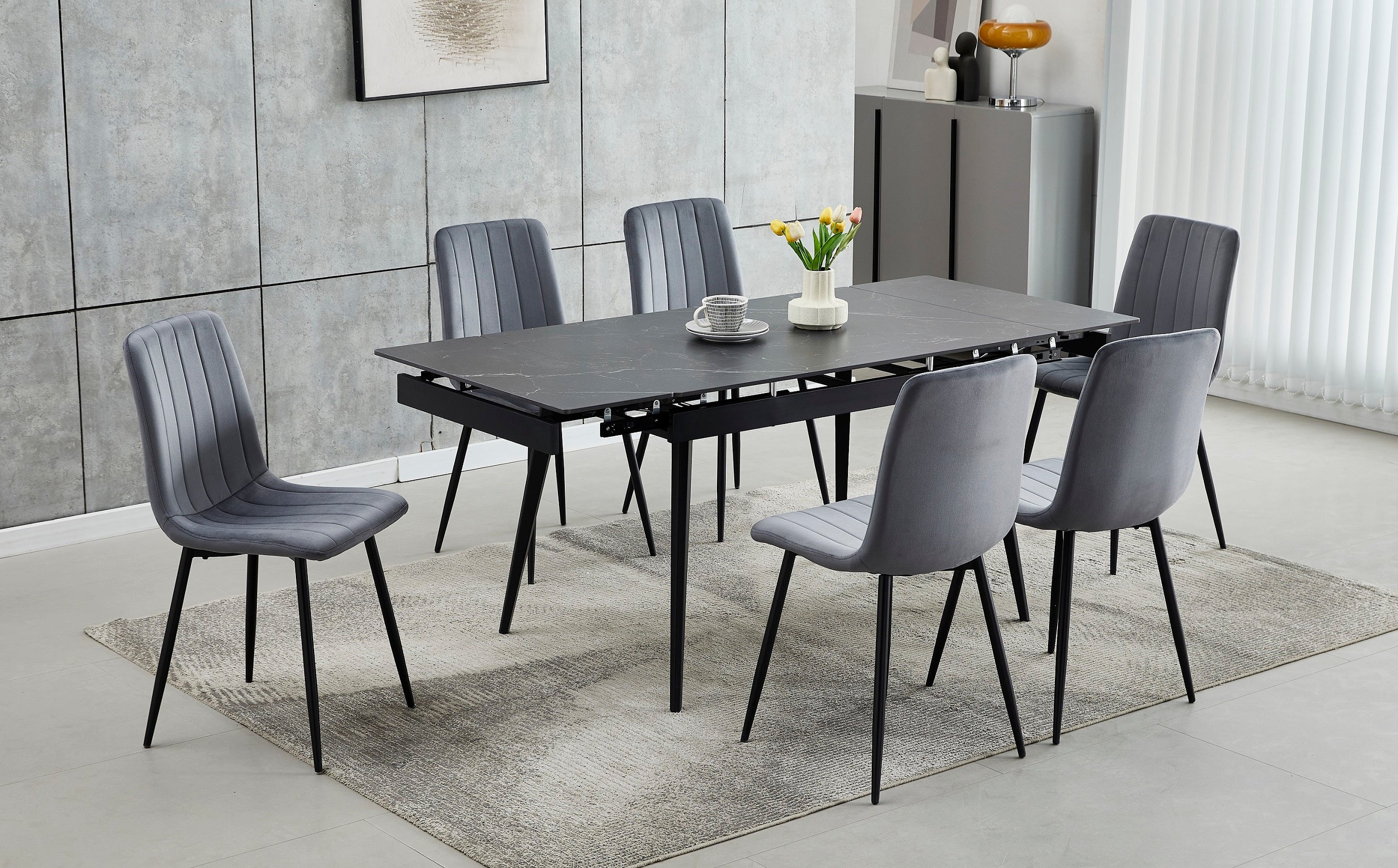 Extension Table: Sintered Stone Marble Top With Black Steel Legs Dinette Set – T-1472 C-1474