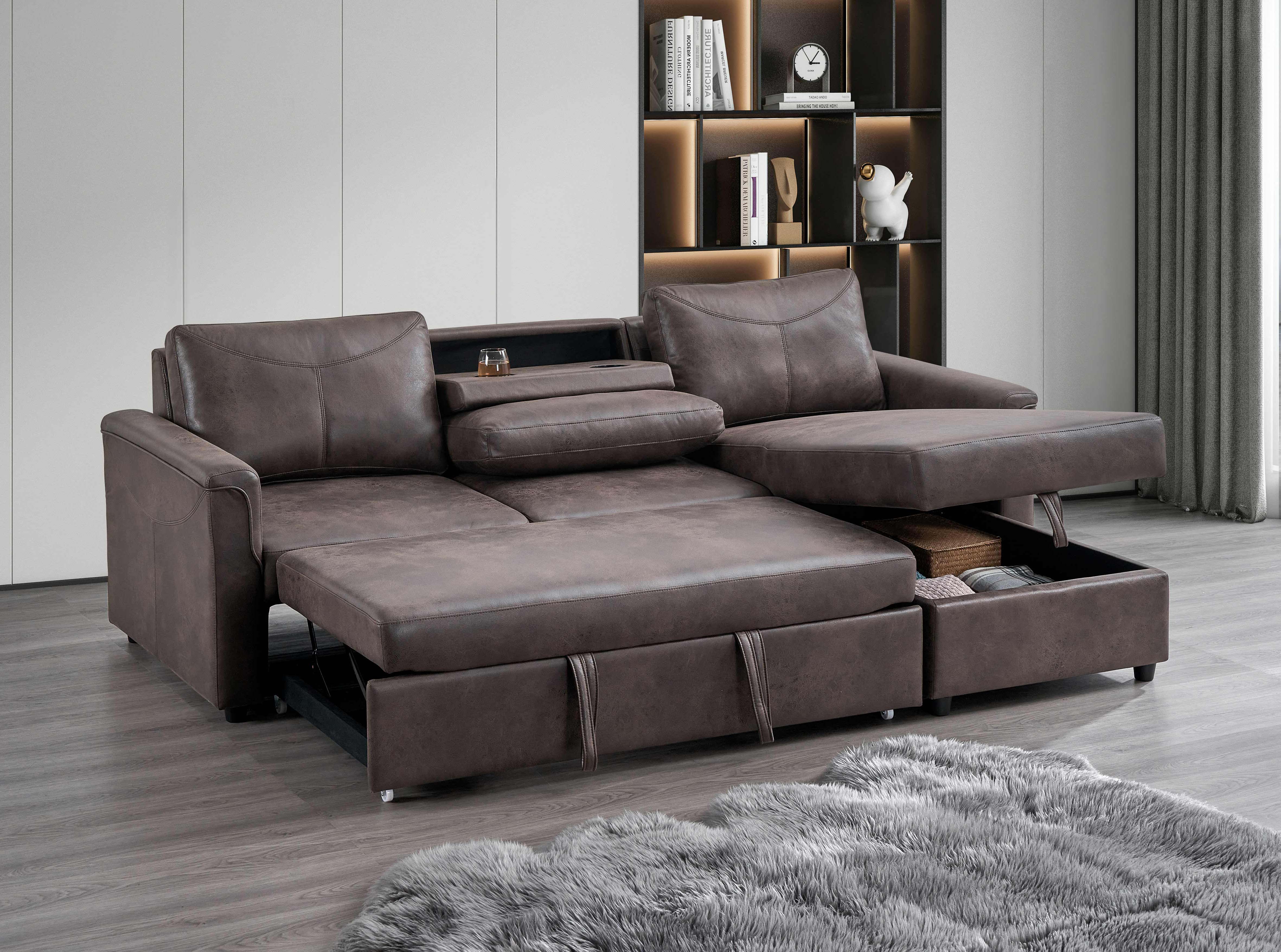 Brown Leather Sectional Sofa with Storage Chaise – IF-9076 RHF