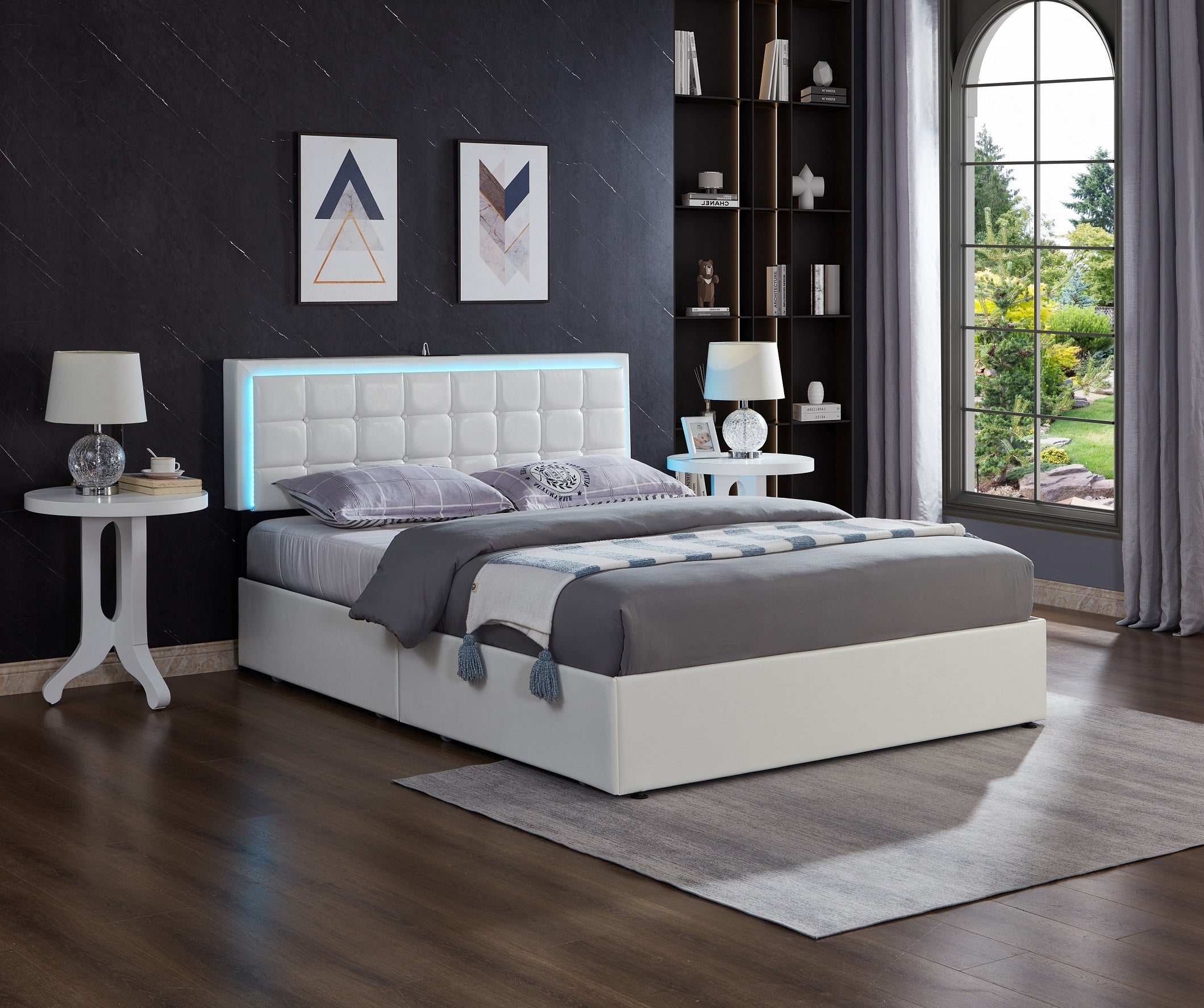 Grey Upholstered Storage Bed with LED Headboard – IF-5402