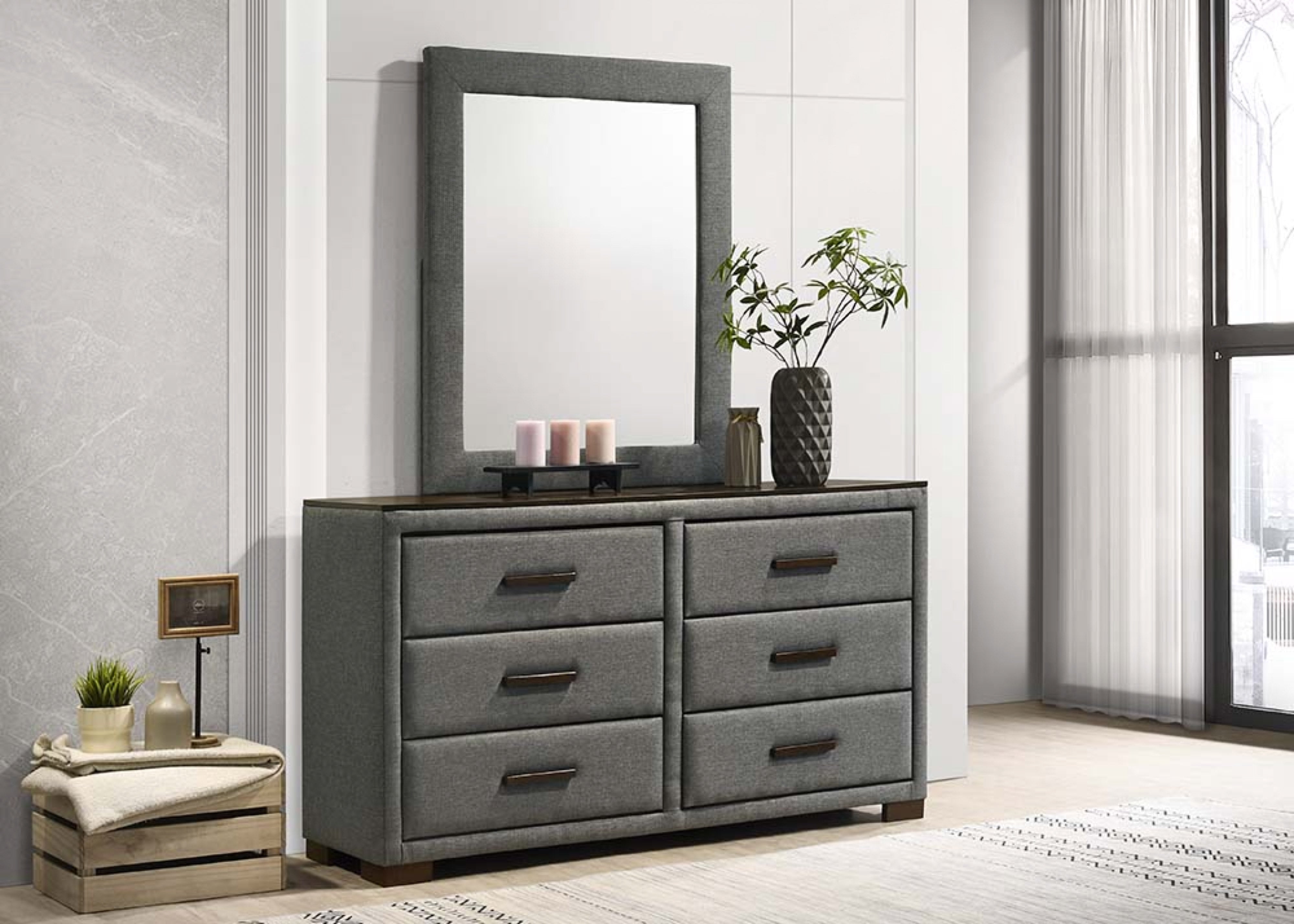 Dark Grey Fabric with Brown Wooden Top Dresser & Mirror Set – Dylan D/M