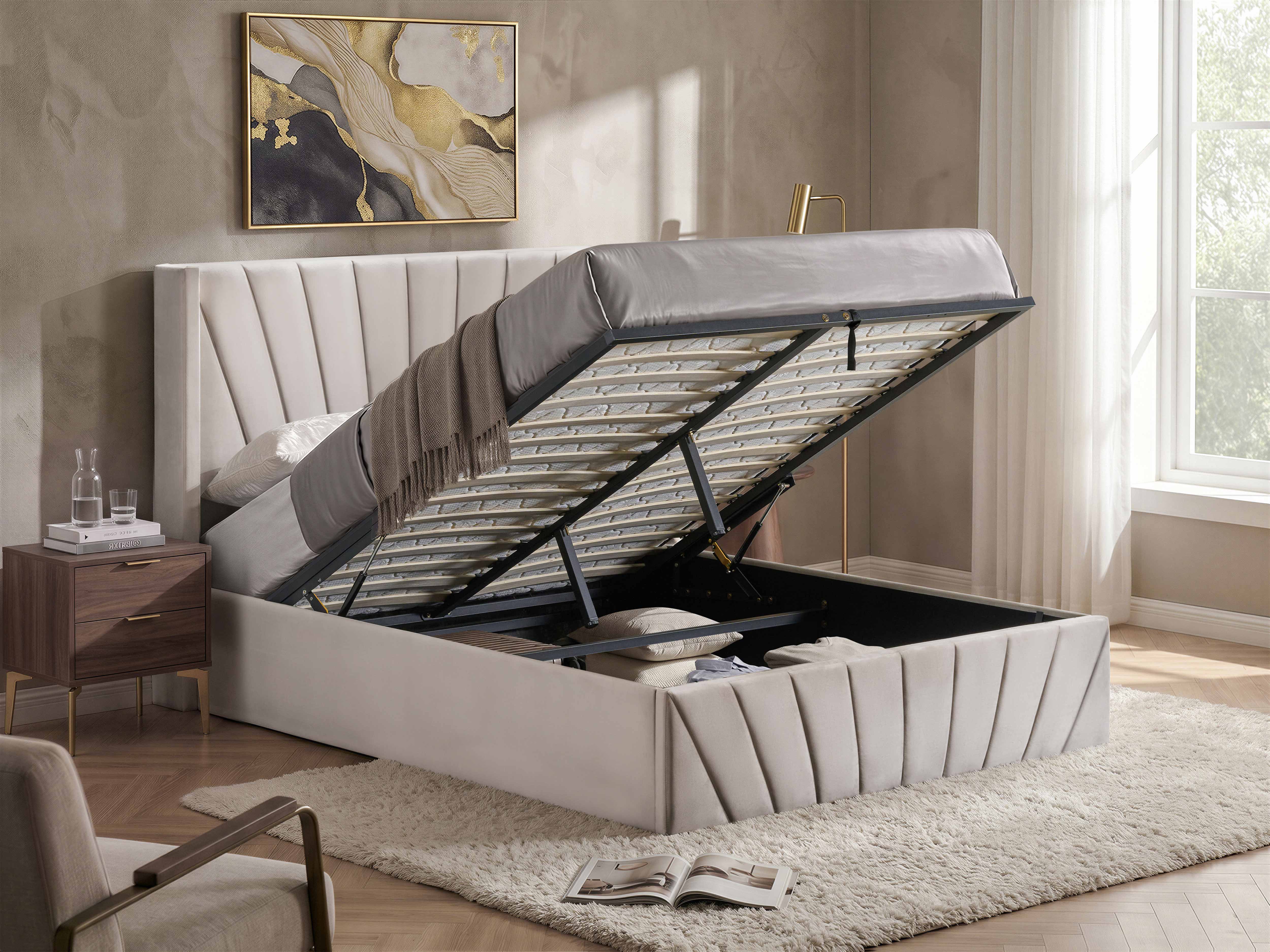 Beige Channel-Tufted Storage Bed with Hydraulic Lift – IF-5872