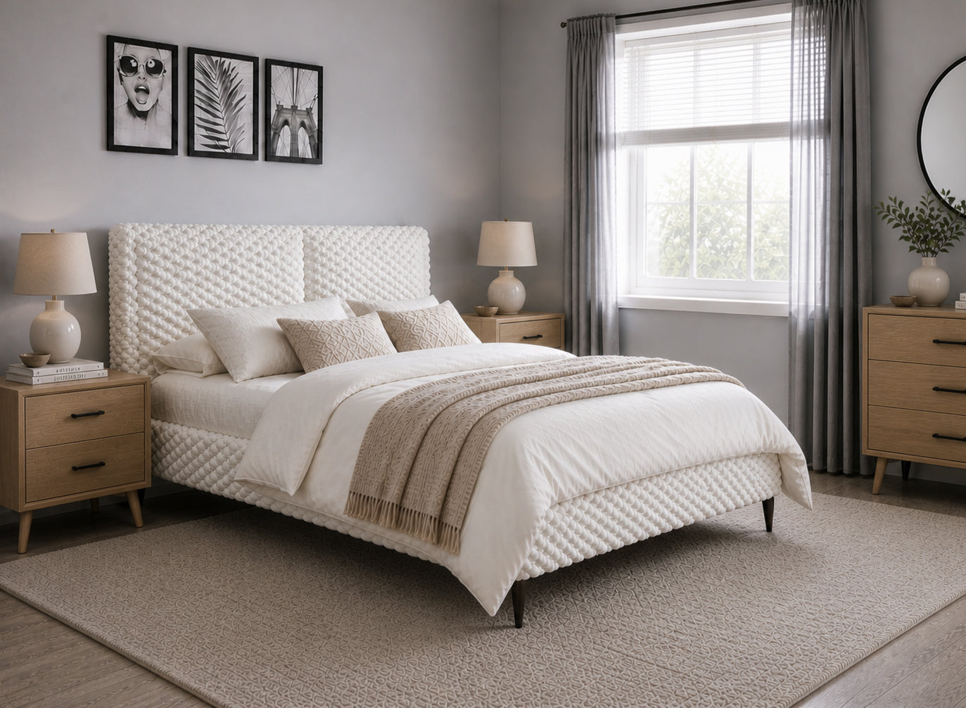 Ivory Textured Upholstered Bed – IF-5920
