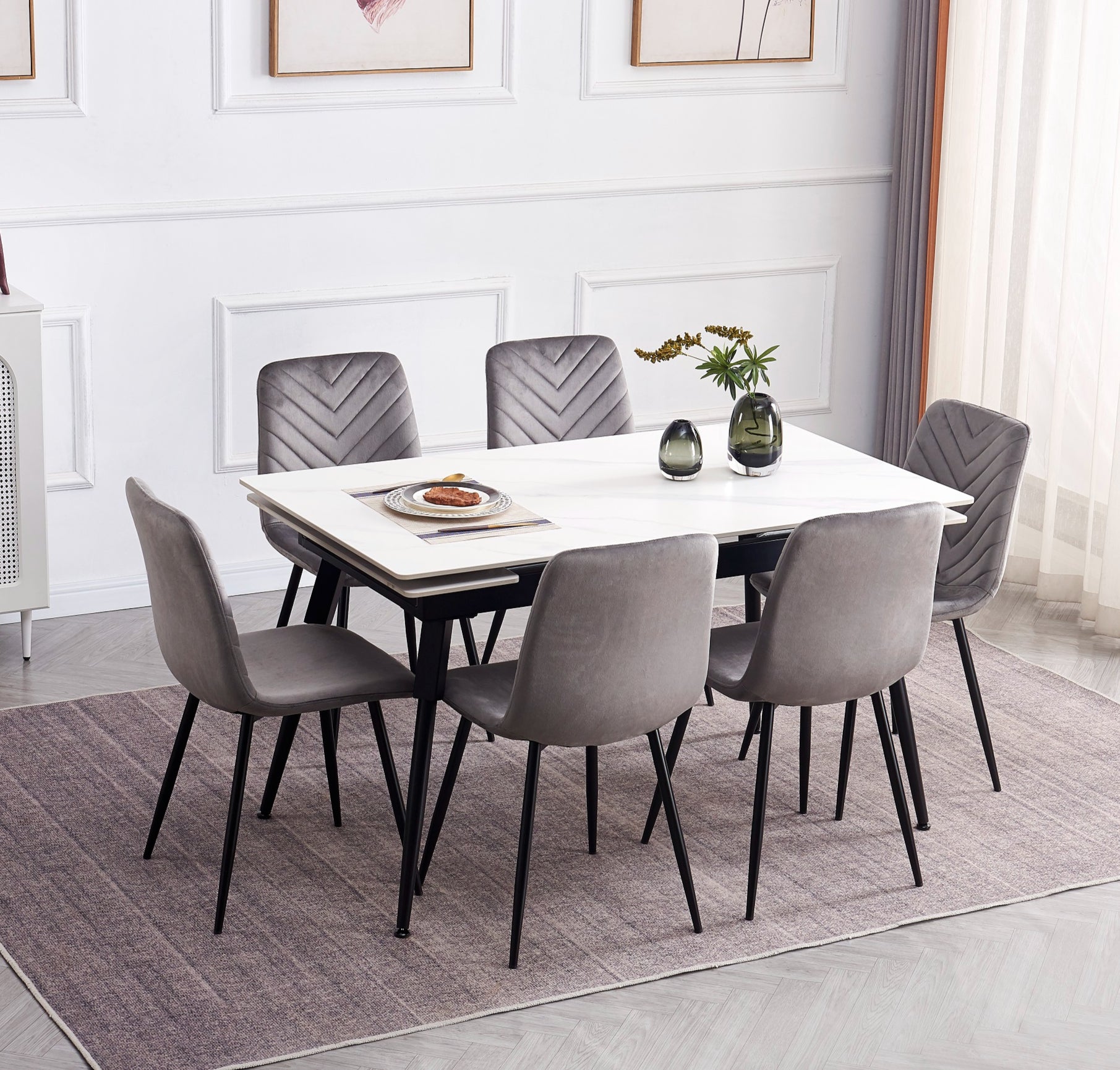 Extension Table: Sintered Stone White Marble Top With Black Steel Legs Dinette Set – T-1818 C-1817