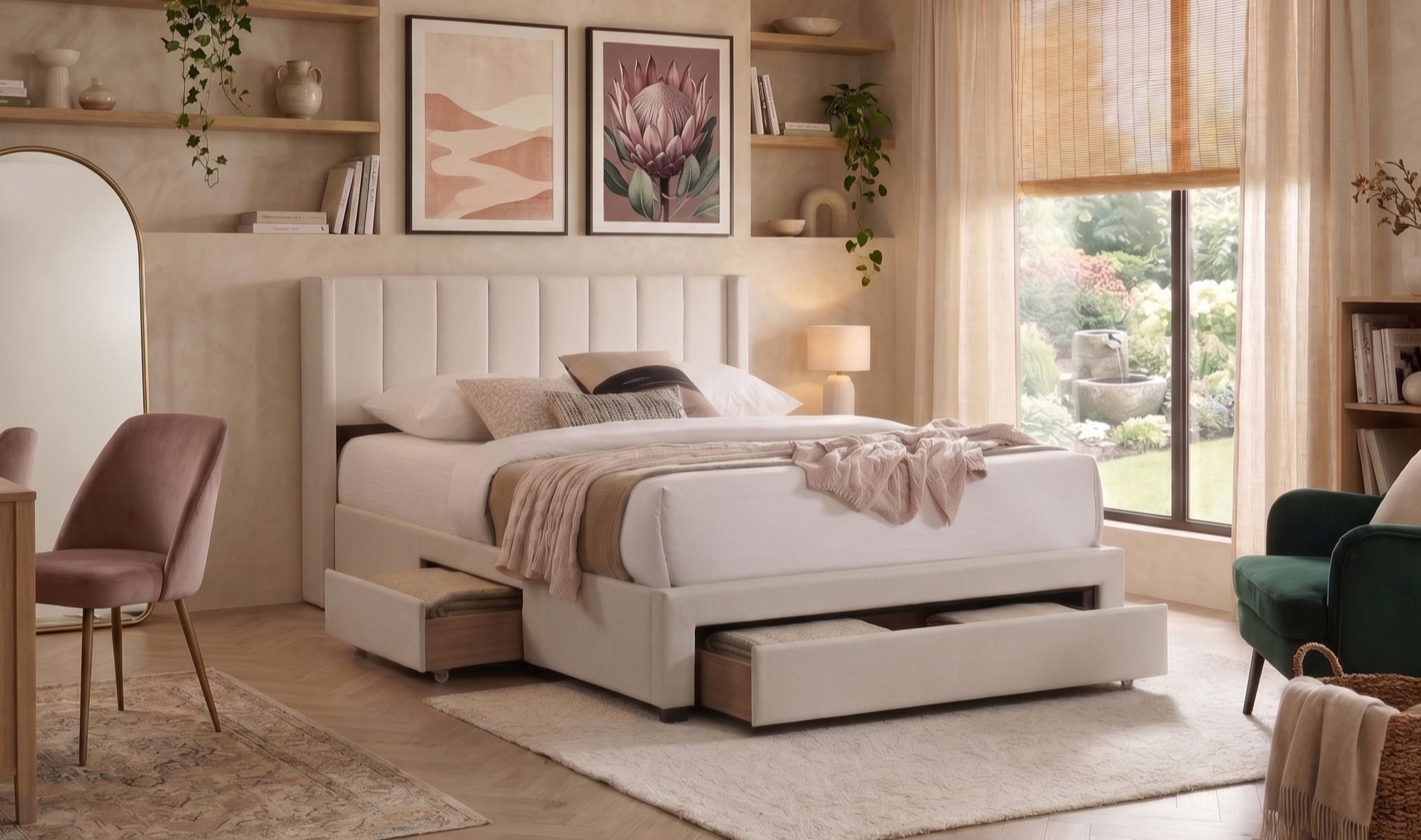 Beige Upholstered Storage Bed with Footboard Drawers – IF-5331