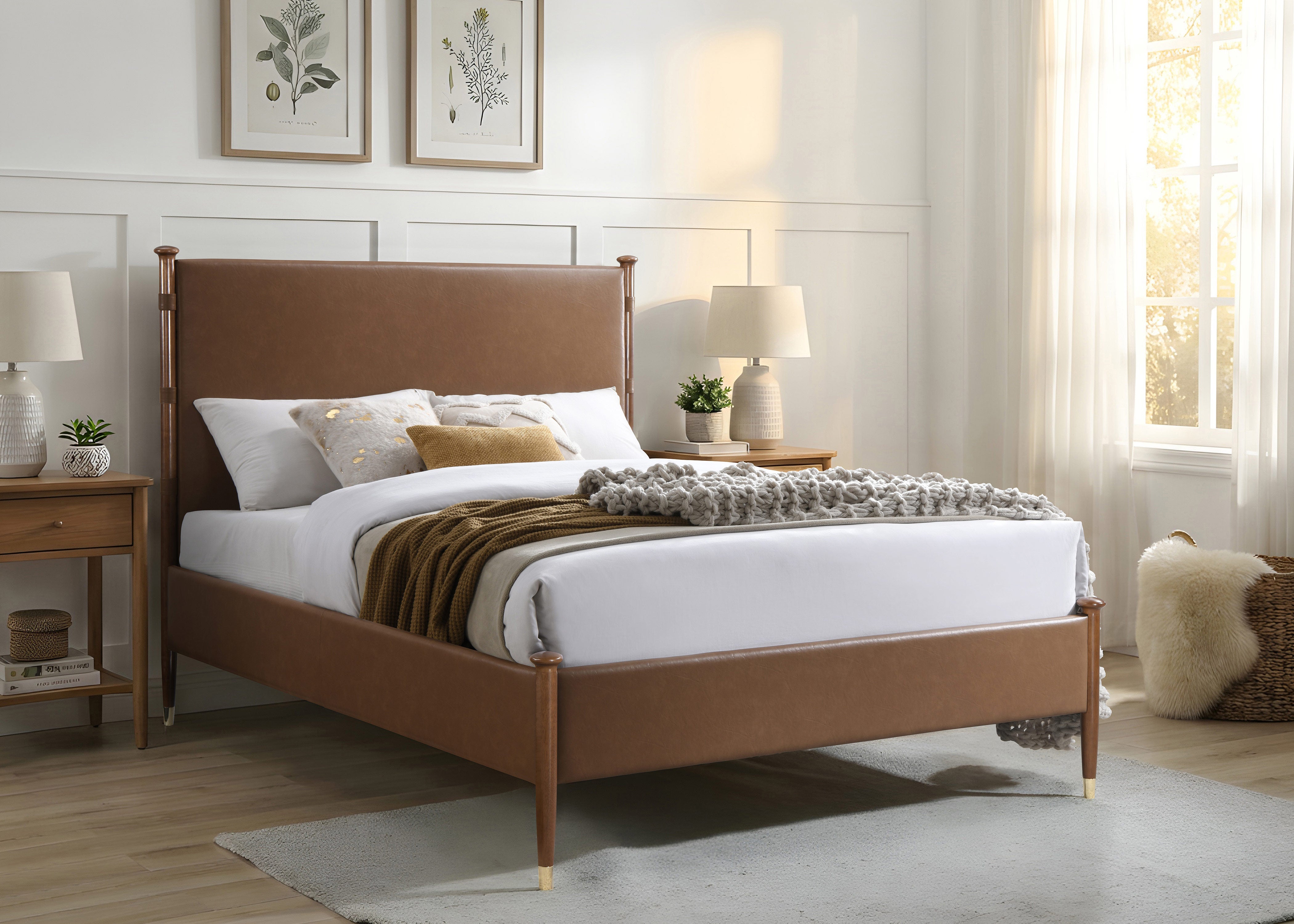 Cognac Brown Wood Platform Bed – IF-5125