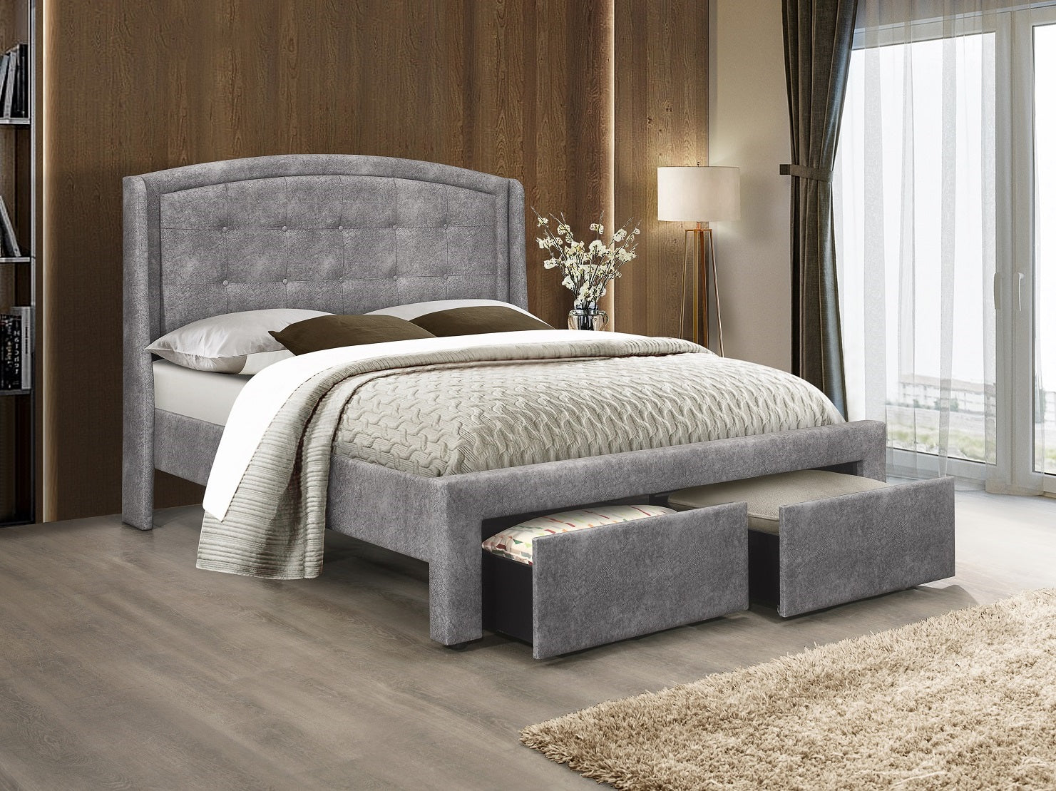 Grey Tufted Storage Bed with Footboard Drawers – IF-5285