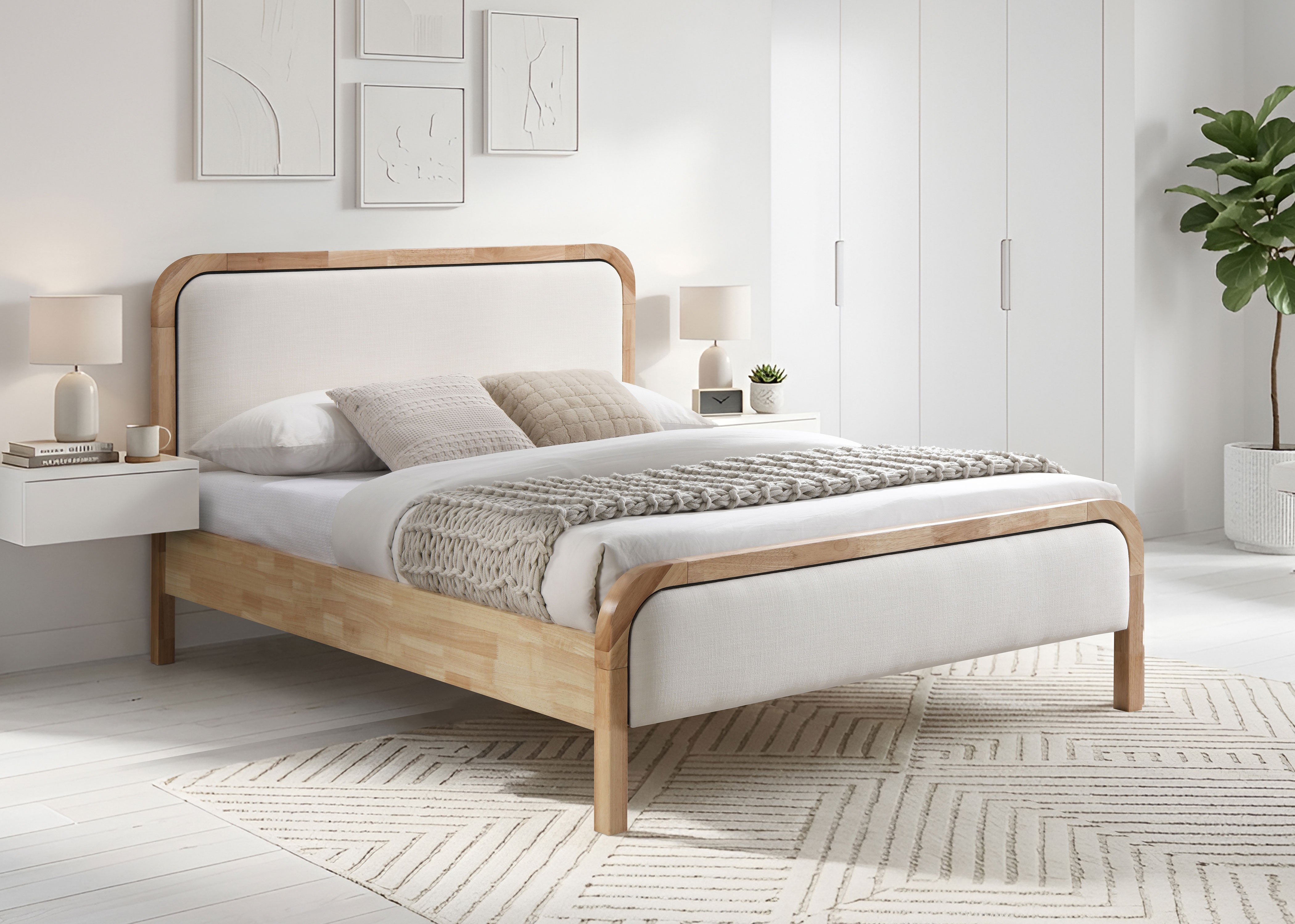 Natural Wood Platform Bed with Curved Headboard – IF-5928