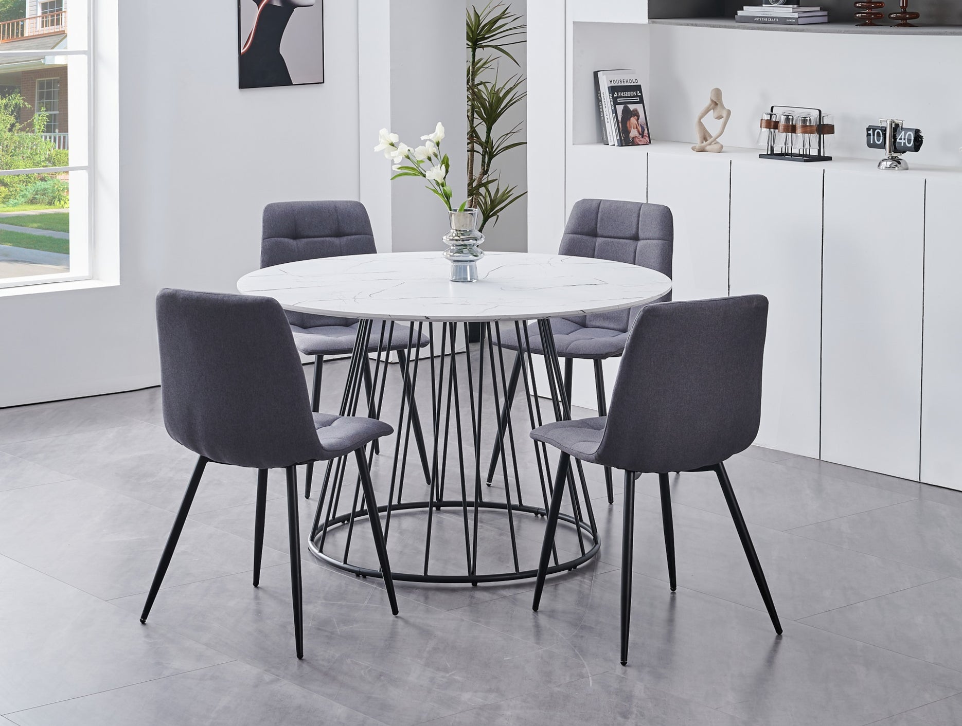 Table: White Marble Veneer Top With Black Pedestal Steel Base Dinette Set – T-1590 C-1593