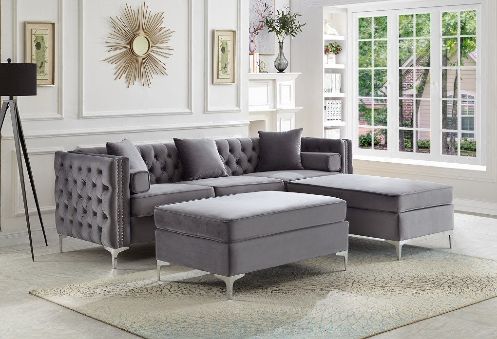 Grey Tufted Sectional Sofa with Ottoman – IF-9280 IF-9281