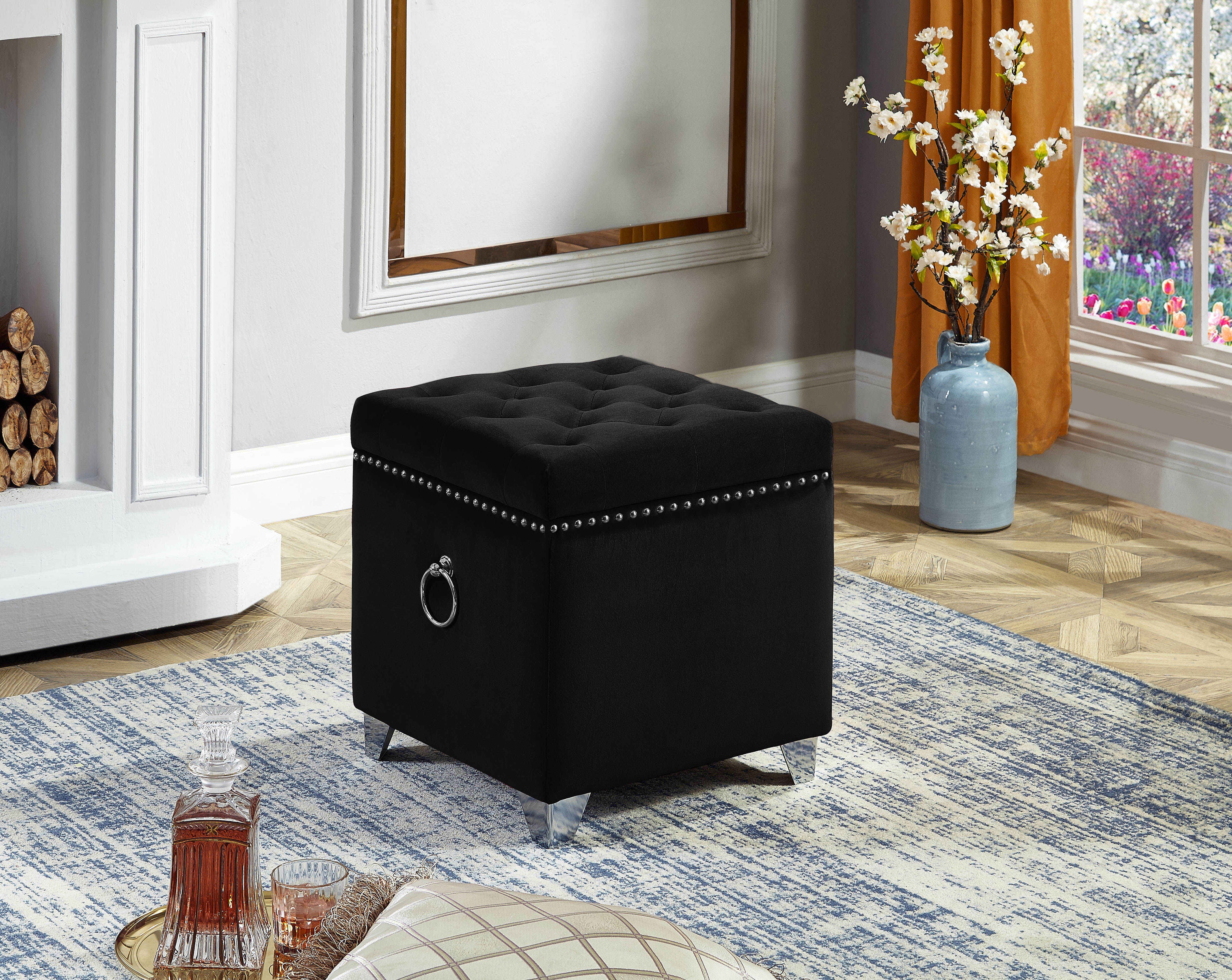 Black Tufted Storage Ottoman with Nailhead Trim – IF-6296