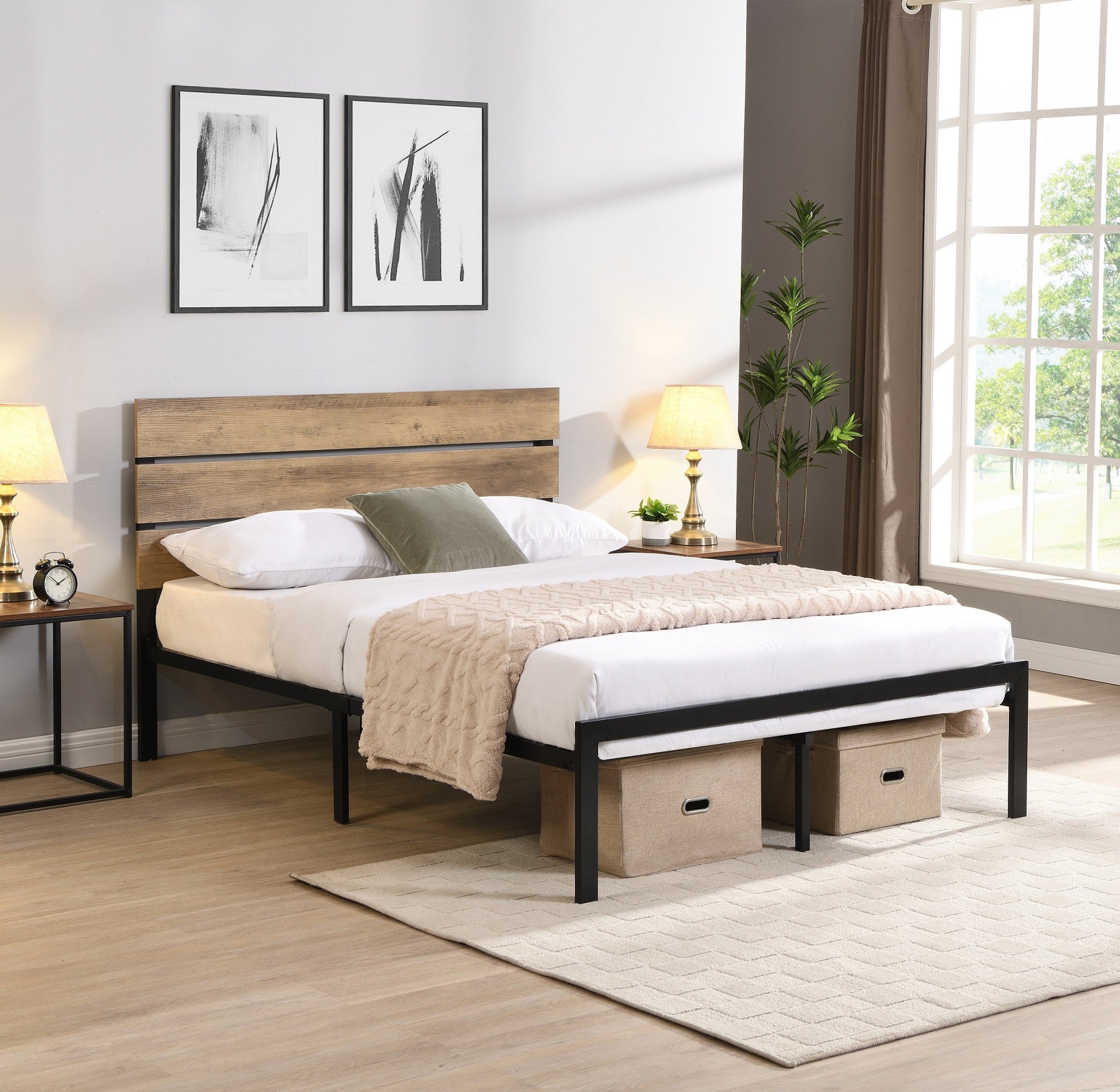 Rustic Wood & Metal Platform Bed with Nightstand Shelf – IF-5247