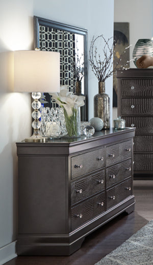 Features 6 Pull-Out Drawers Dresser & Mirror Set – Pompei (Grey) D/M