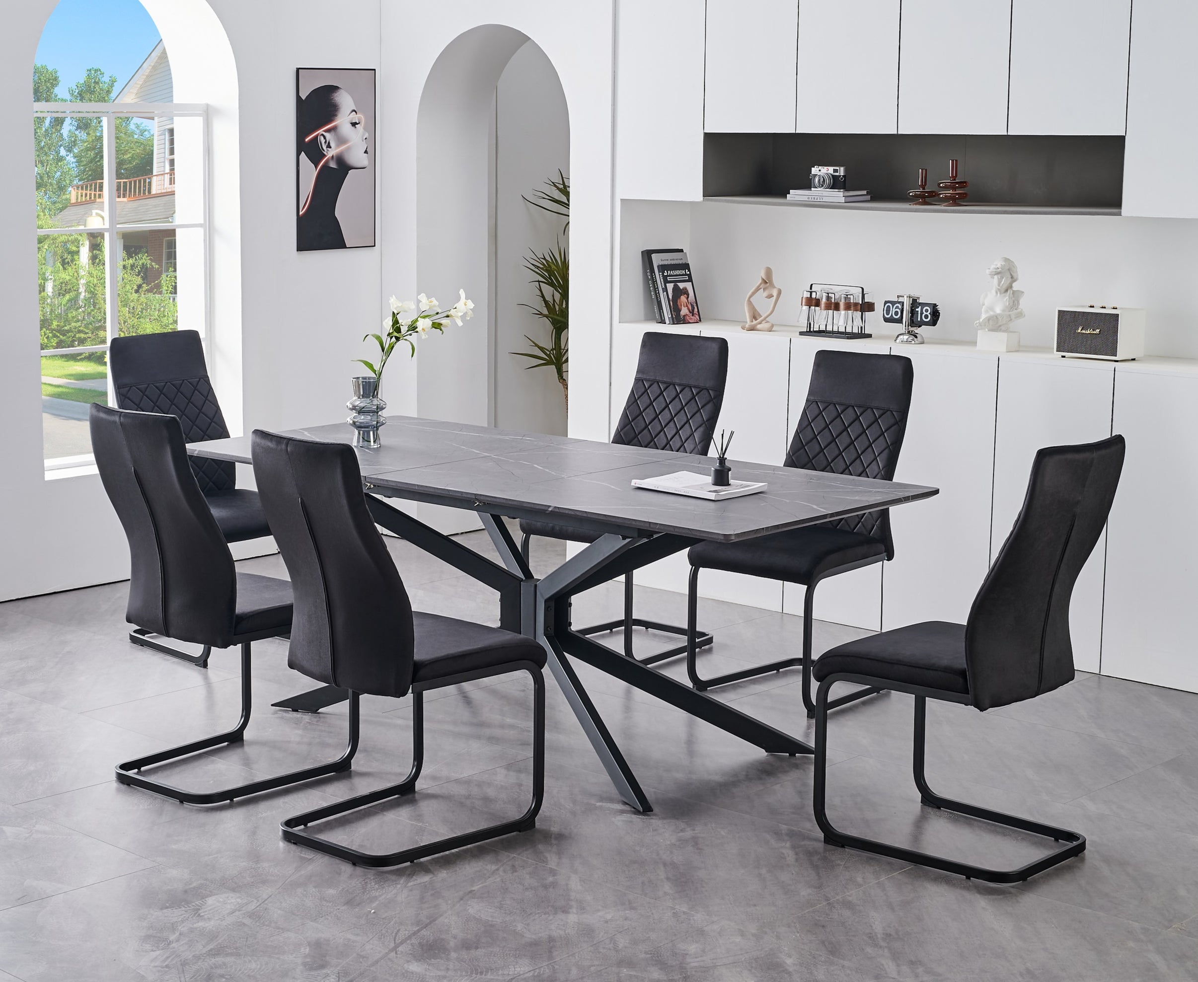 Extension Table: Grey Marble Veneer Top With X-Shape Black Steel Base Dinette Set – T-1570 C-1571
