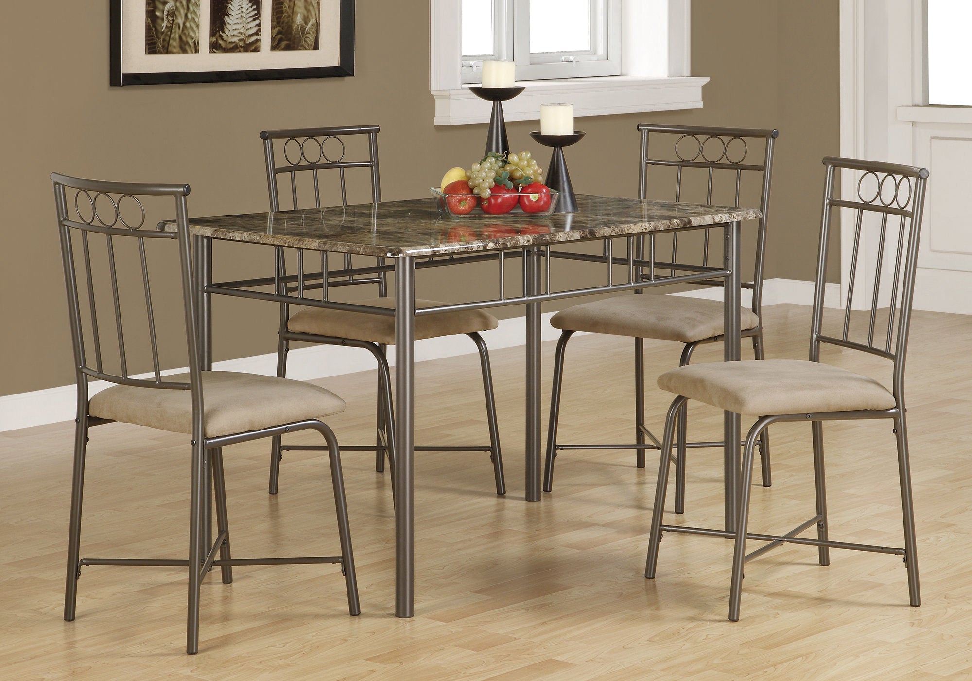 Image of dining set - 5pcs set espresso marble bronze metal  i 1029.