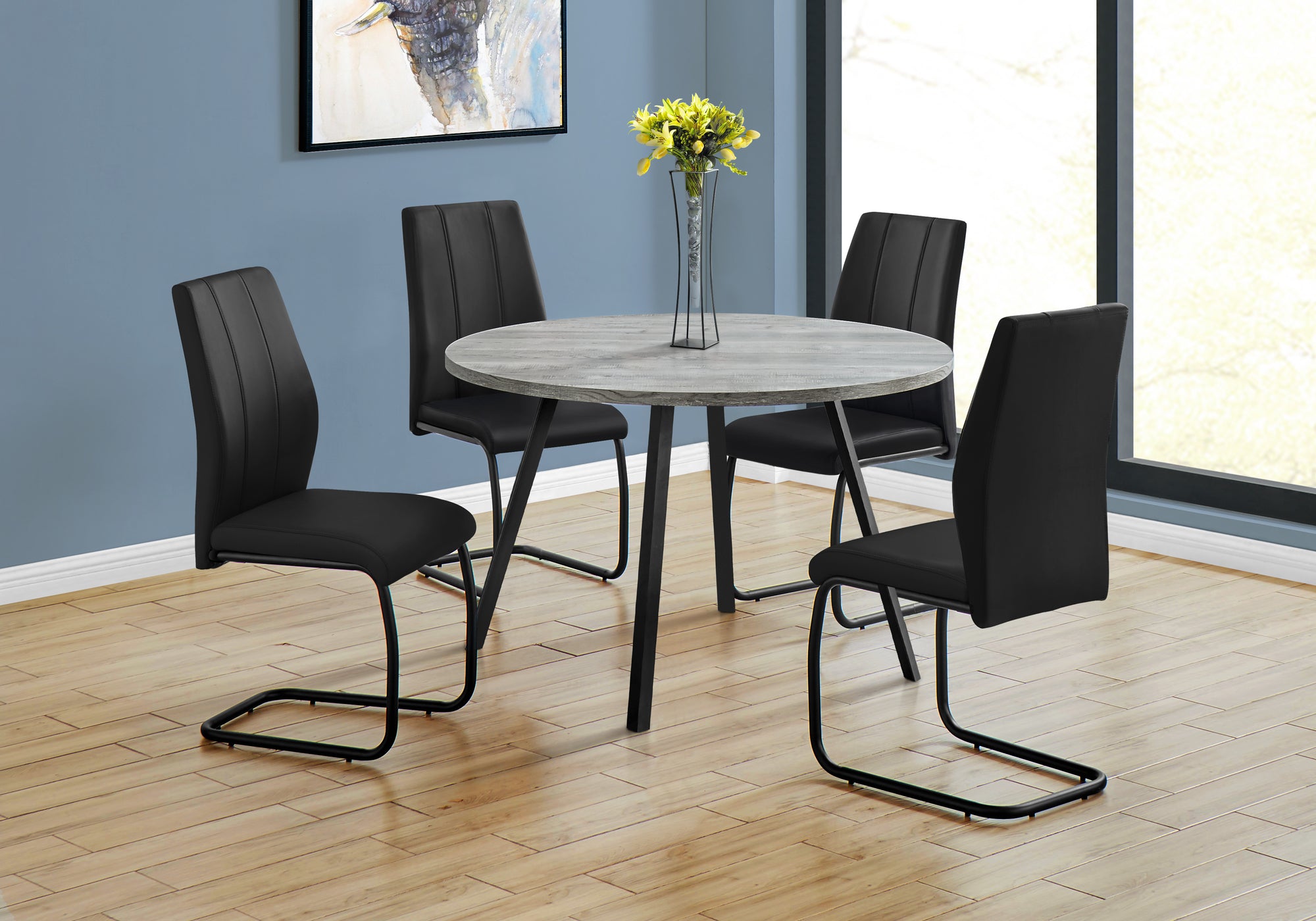 dining table 48dia/ grey reclaimed wood black metal i1151